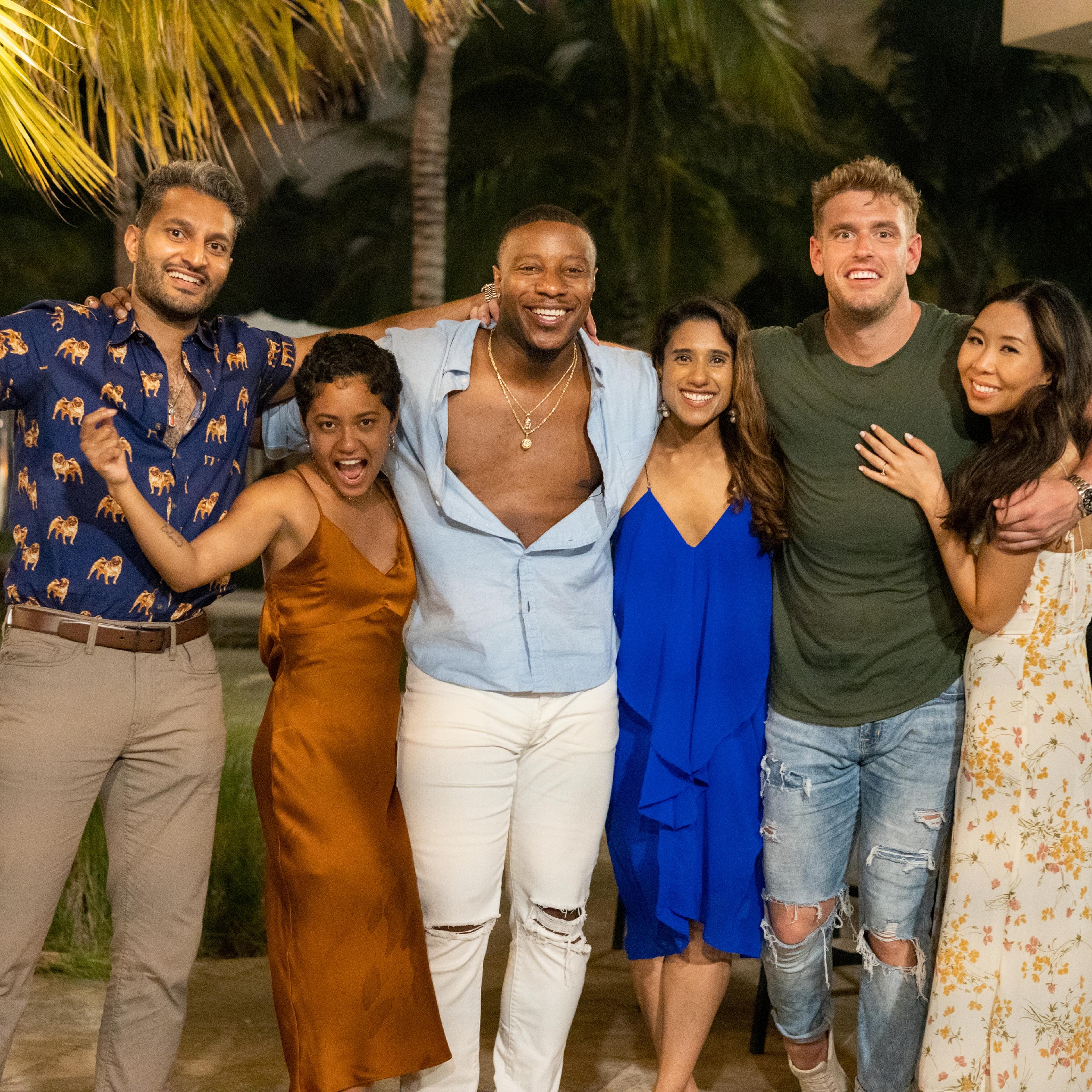 Love Is Blind. (L to R) Abhishek Chatterjee, Iyanna McNeely, Jarrette Jones, Deepti Vempati, Shayne Jansen, Natalie Lee in season 2 of Love Is Blind Cr. Aarón Ortega/Netflix © 2022