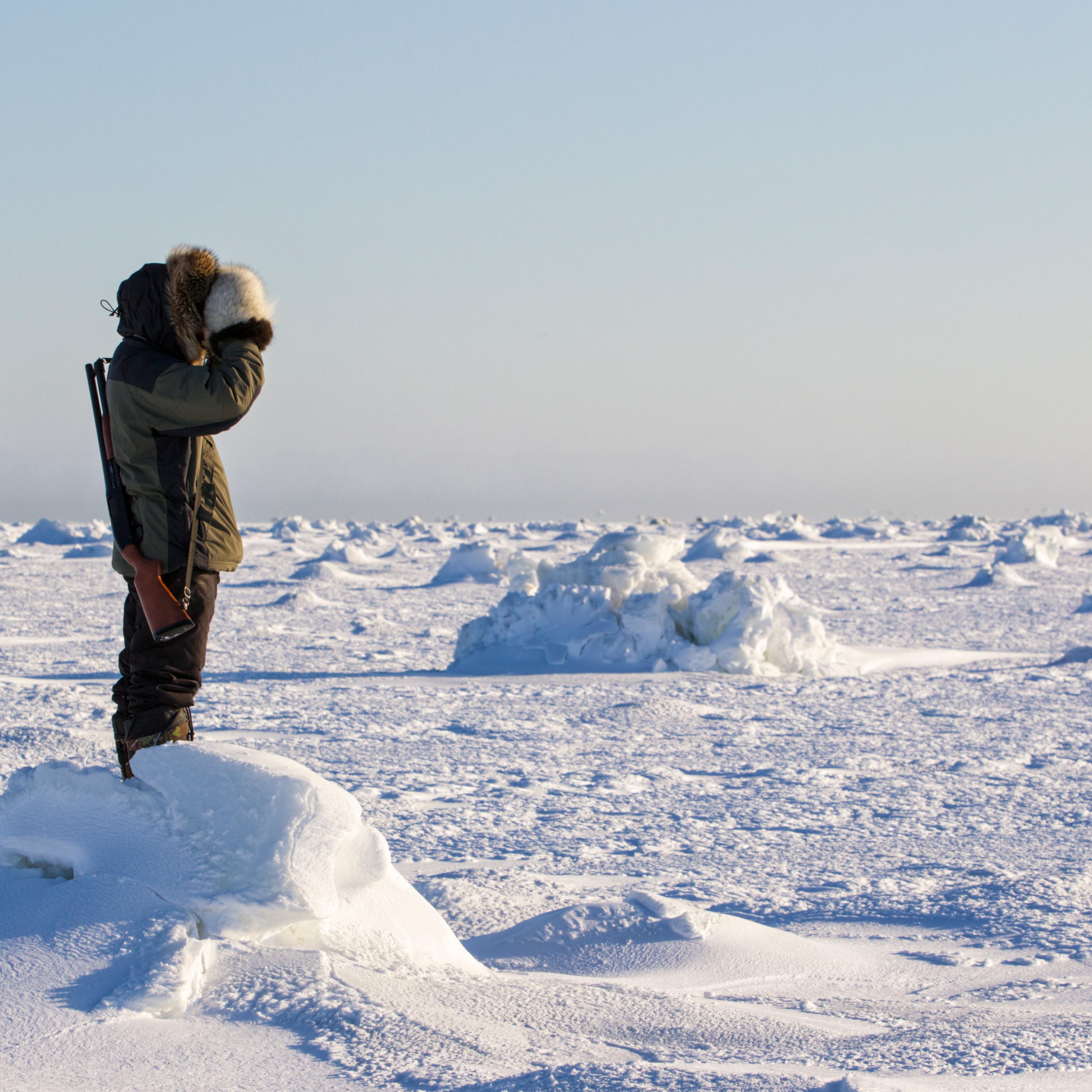 Inuit man scanning ice for polar bears, west coast Hudson Bay, south of Arviat, Nunavut, Canada