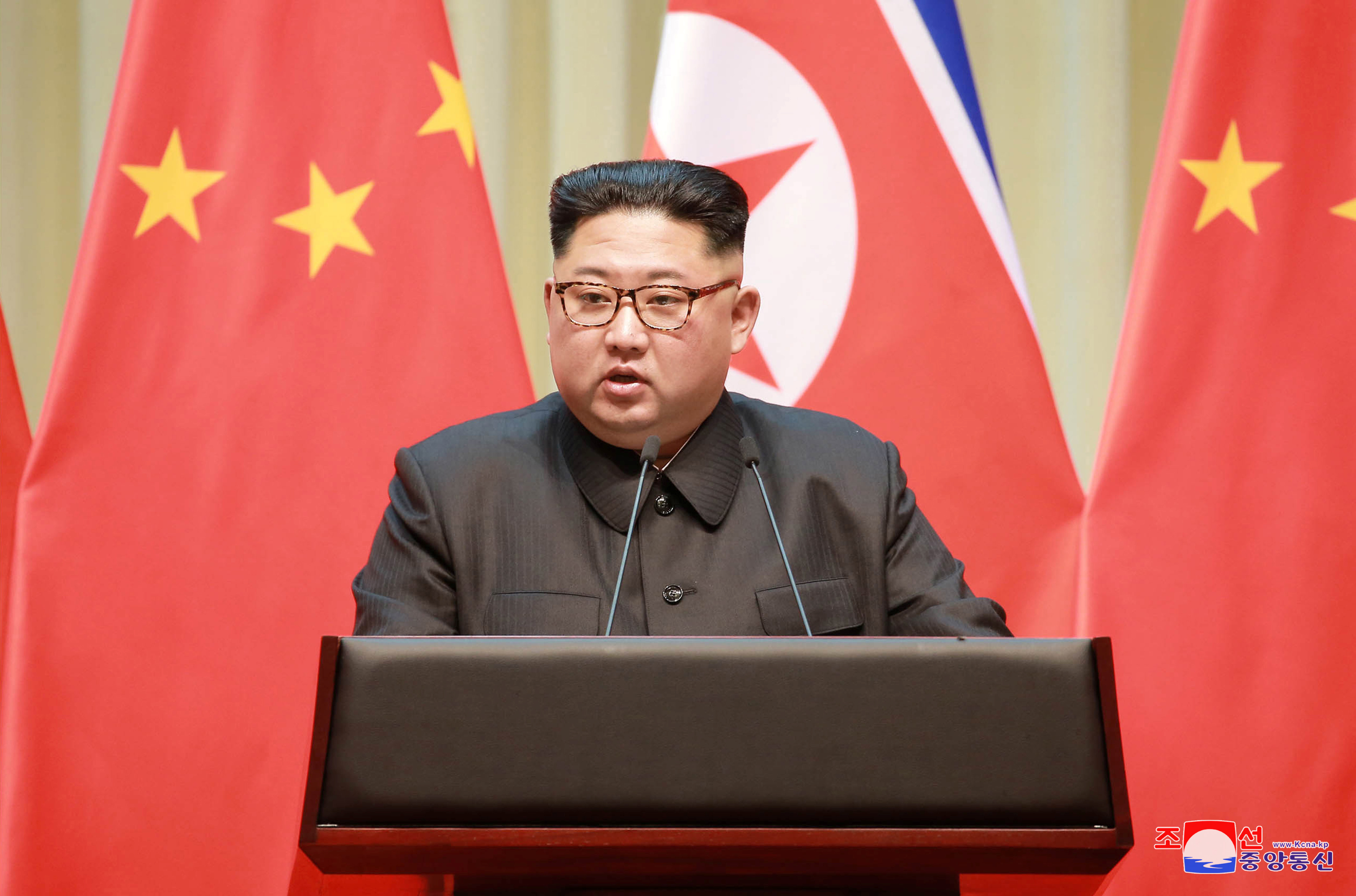 North Korean leader Kim Jong Un makes a speech during a visit to Dalian, China in this undated photo released on May 9, 2018 by North Korea's Korean Central News Agency (KCNA)