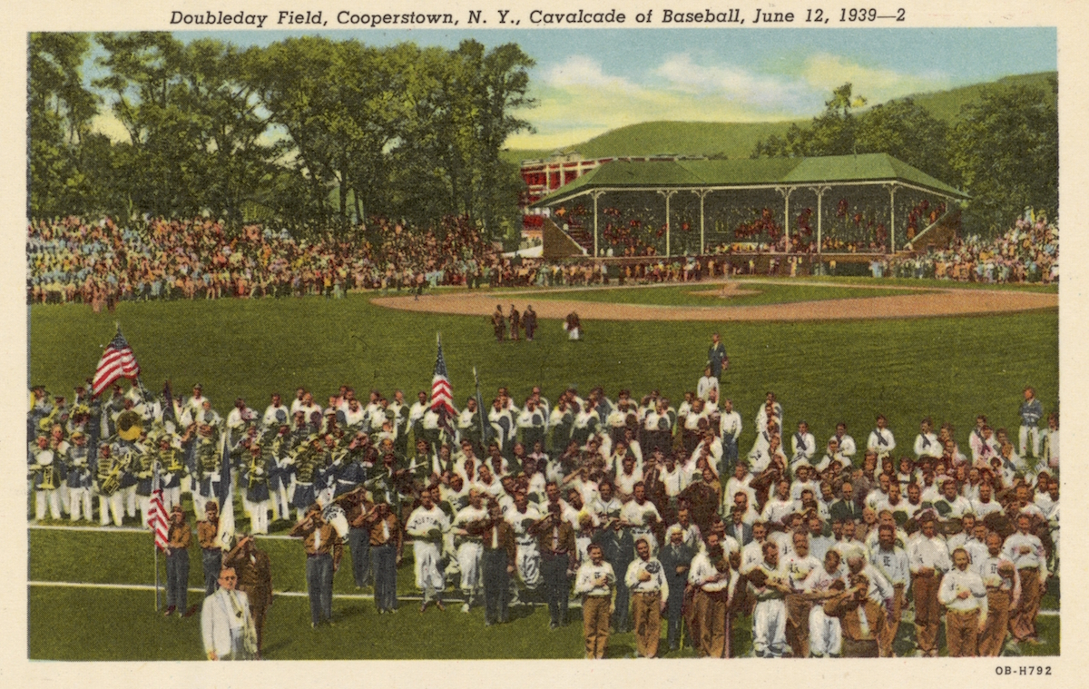 Baseball Game at Doubleday Field. ca. 1940, Cooperstown, New York, USA, Doubleday Field, Cooperstown, N.Y., Cavalcade of Baseball, June 12, 1939-2 On this field in 1839 was played the first game of Baseball, invented by Major General Abner Doubleday of C