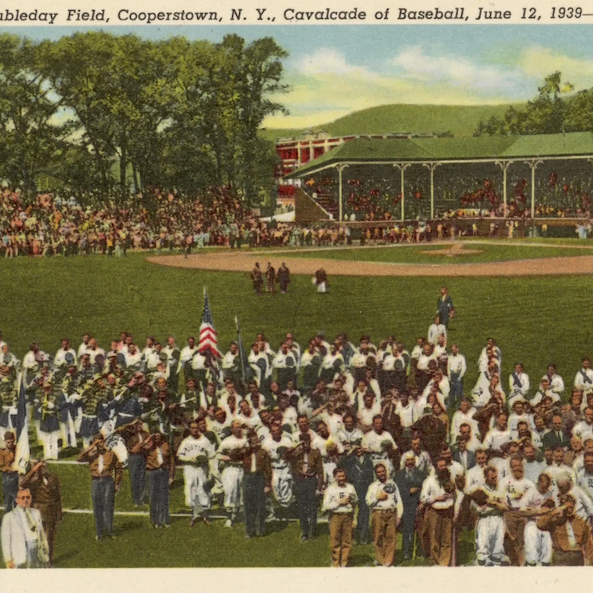 Baseball Game at Doubleday Field. ca. 1940, Cooperstown, New York, USA, Doubleday Field, Cooperstown, N.Y., Cavalcade of Baseball, June 12, 1939-2 On this field in 1839 was played the first game of Baseball, invented by Major General Abner Doubleday of C