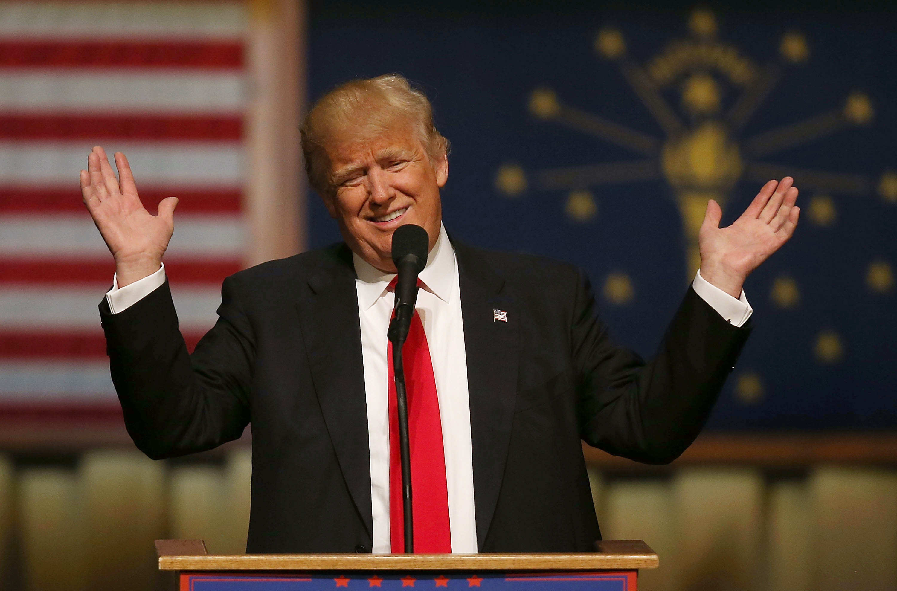 Republican presidential candidate Donald Trump speaks during a campaign stop at the Palladium at the Center for the Performing Arts in Carmel, Ind., on May 2, 2016.