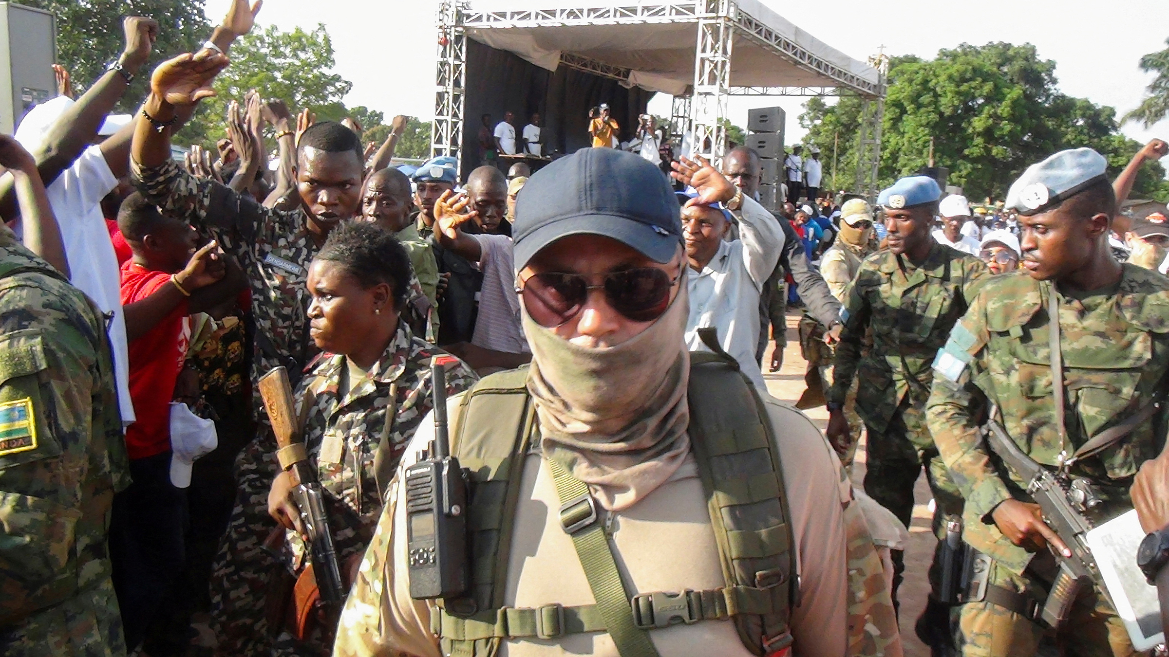 Russian officers from the Wagner Group are seen around Central African president Faustin-Archange Touadera as they are part of the presidential security system during the referendum campaign to change the constitution and remove term limits, in Bangui, C
