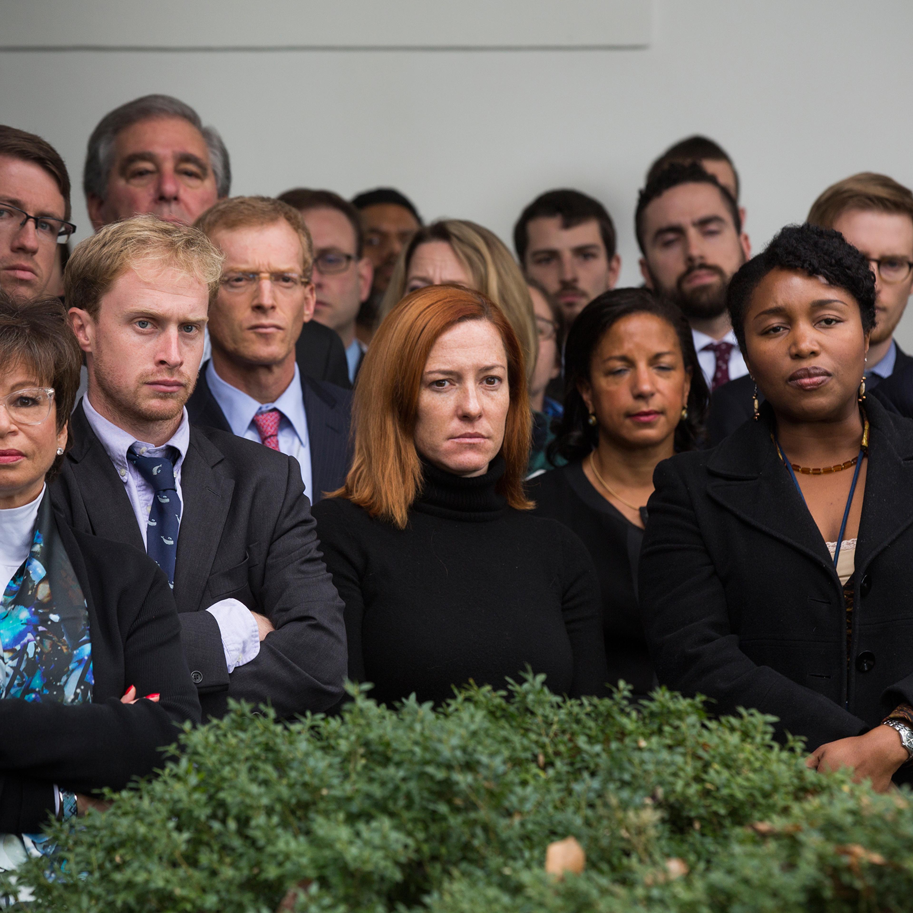 White House staff members listen to President Obama speak about Republican presidential nominee Donald Trump's victory over Democratic candidate Hillary Clinton for the presidency in the Rose Garden of the White House on Nov. 9.