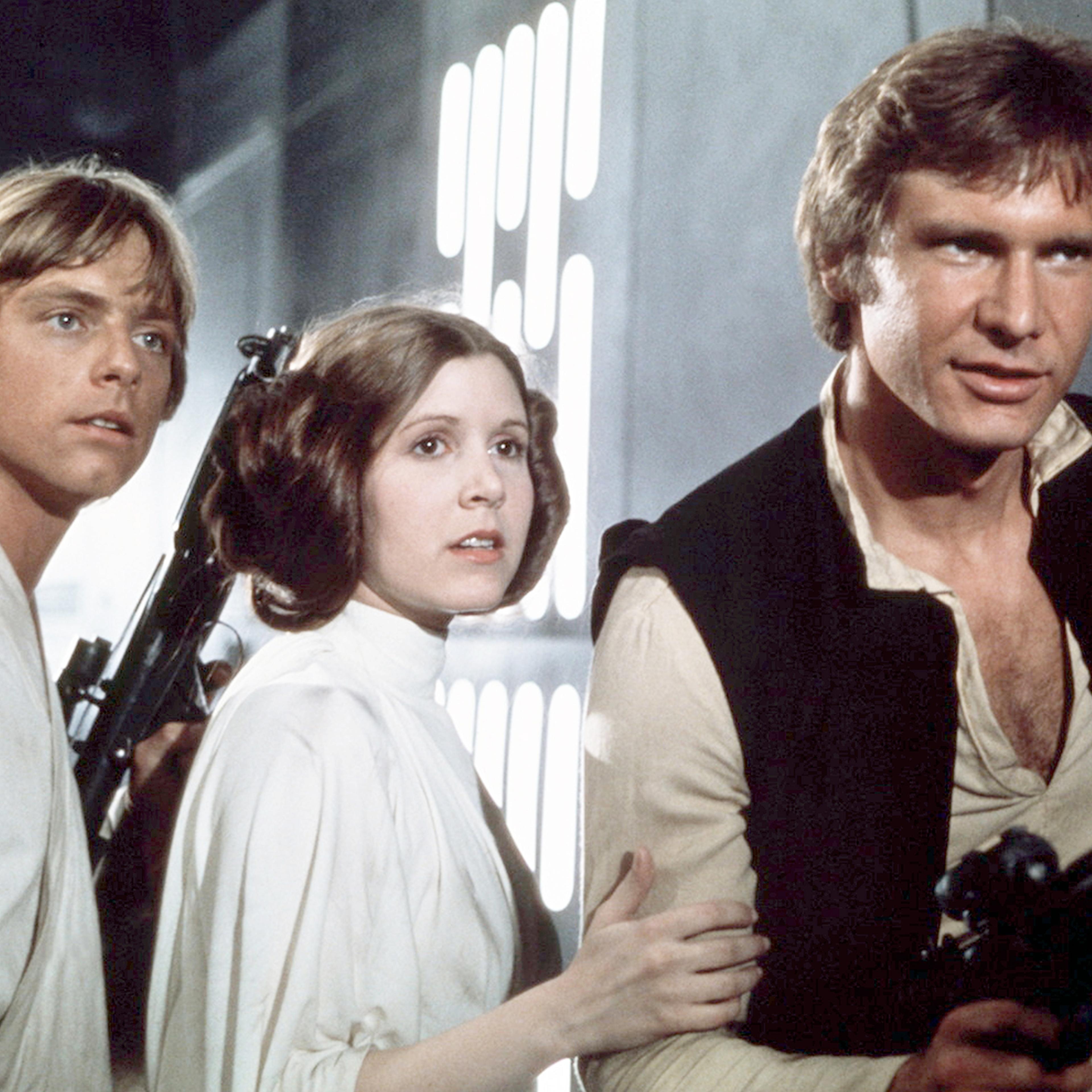 American actors Mark Hamill, Carrie Fisher and Harrison Ford on the set of Star Wars: Episode IV - A New Hope.