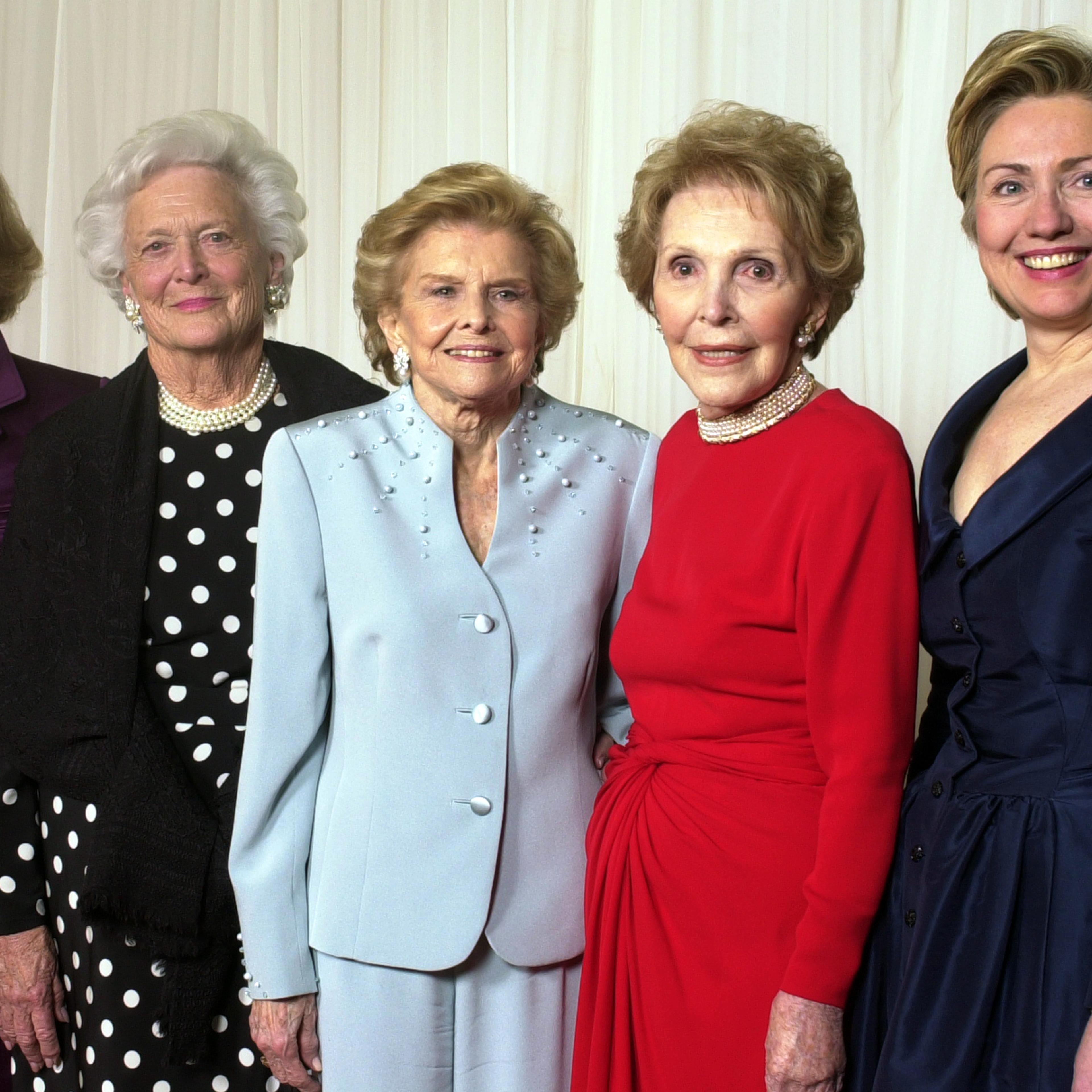 Former first ladies get together for a group photo at a gala 20th anniversary fundraising event saluting Betty Ford and the Betty Ford Center in Indian Wells, Calif. on Jan. 17, 2003. From left are Rosalynn Carter, Barbara Bush, Betty Ford, Nancy Reagan