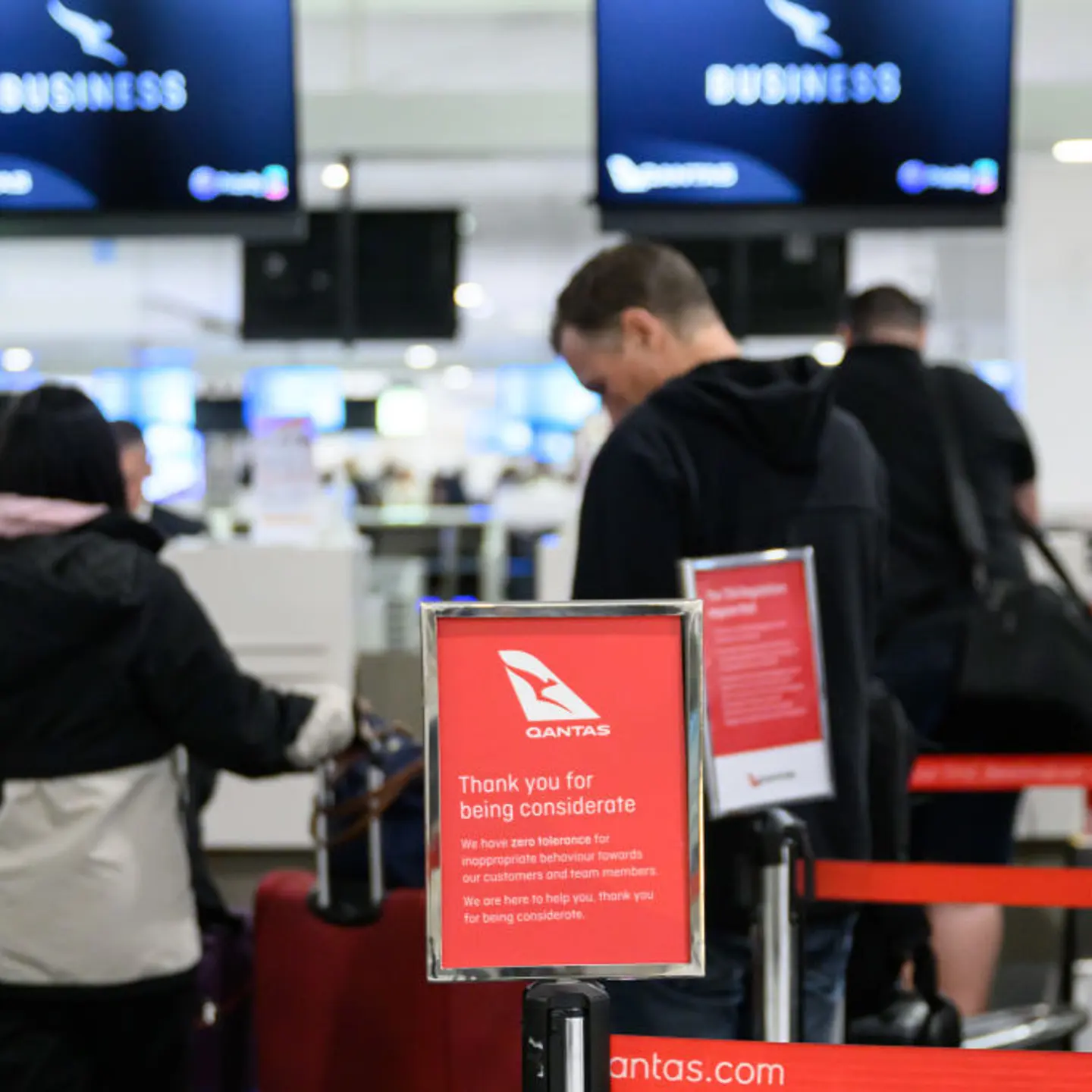 Qantas check in signage at Sydney International Airport in Sydney, Australia, on Sept. 6, 2024.