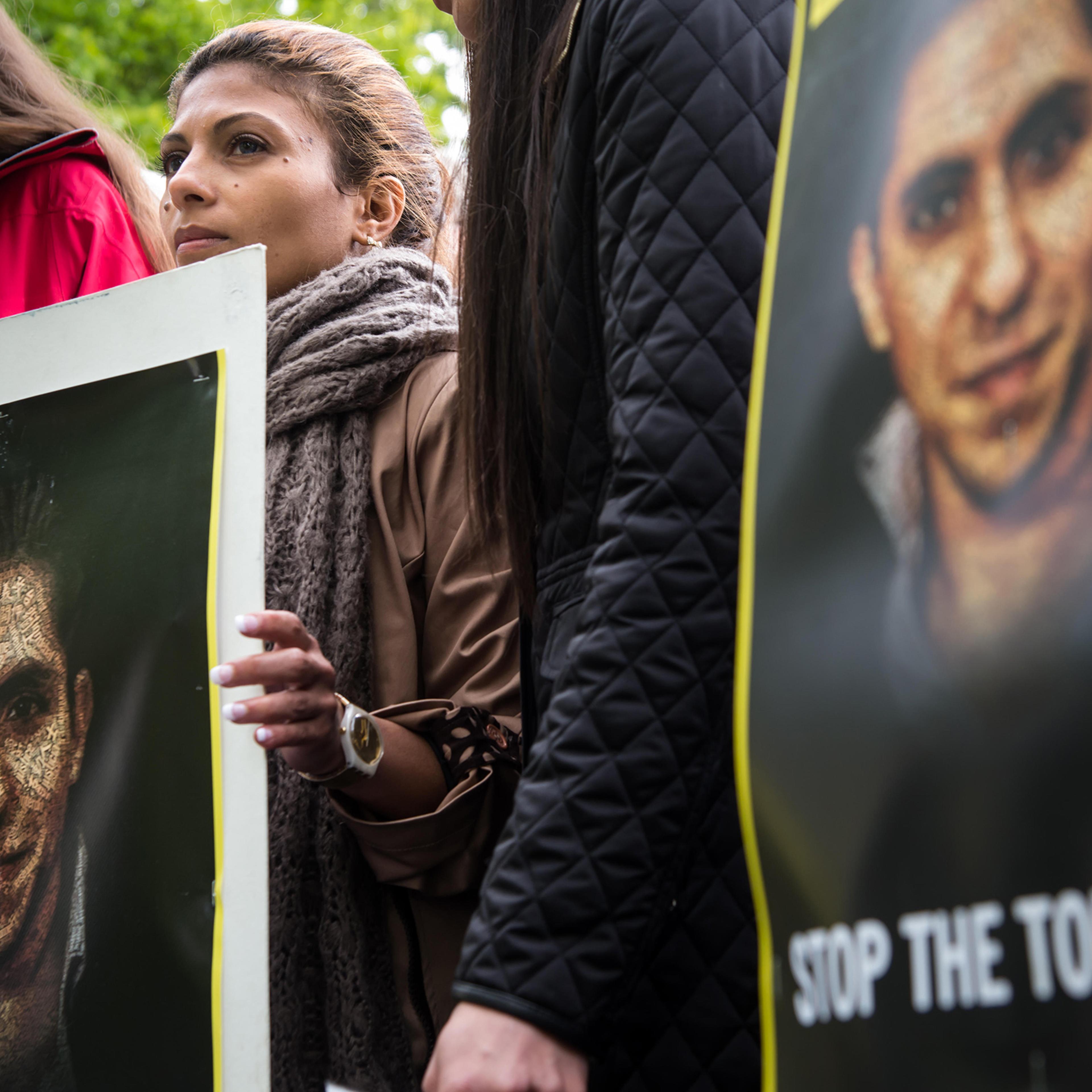 Ensaf Haidar, wife of imprisoned Saudi Arabian blogger Raif Badawi, protests for his release.