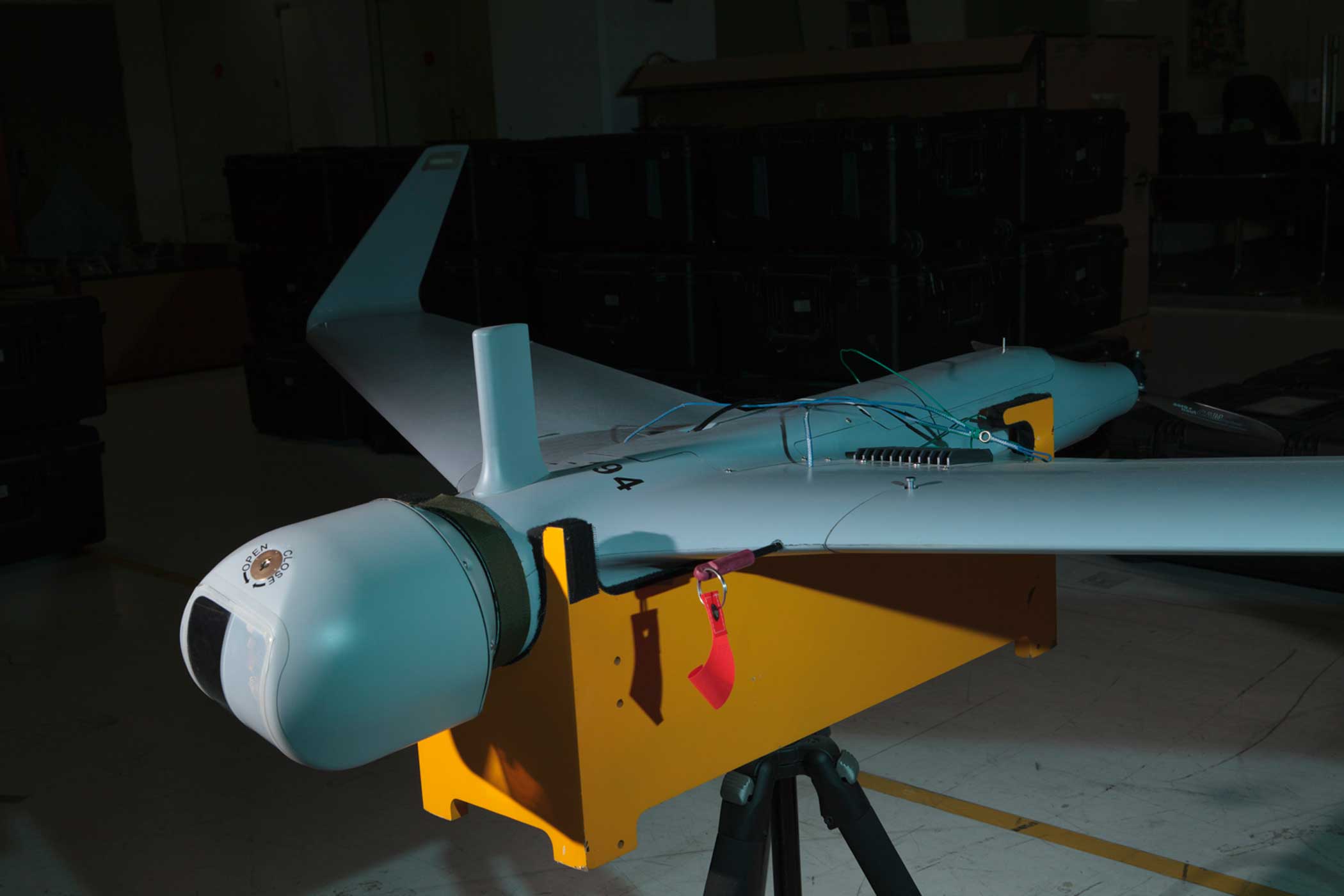 The Orbiter mini UAV inside the Aeronautics Defense Systems factory in Yavne, Israel. This highly autonomous UAV can locate and track moving targets while piloting itself along a patrol route. The Orbiter is flown by military forces in over 30 countries 