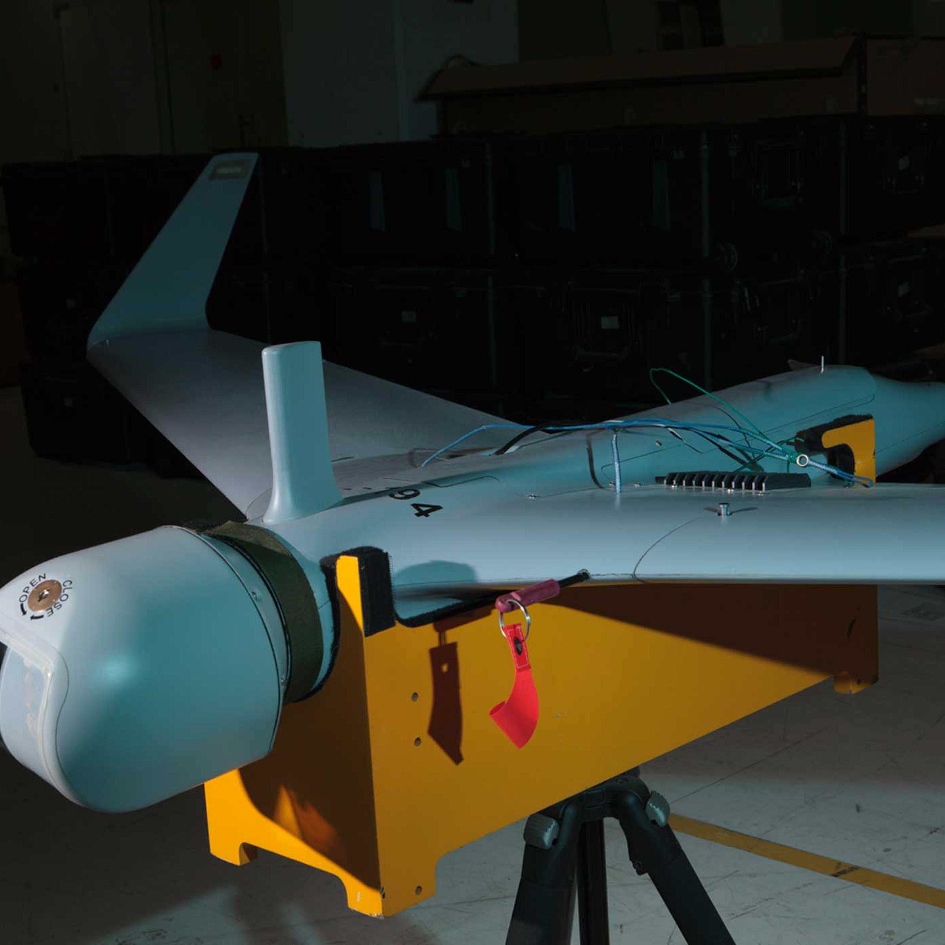 The Orbiter mini UAV inside the Aeronautics Defense Systems factory in Yavne, Israel. This highly autonomous UAV can locate and track moving targets while piloting itself along a patrol route. The Orbiter is flown by military forces in over 30 countries