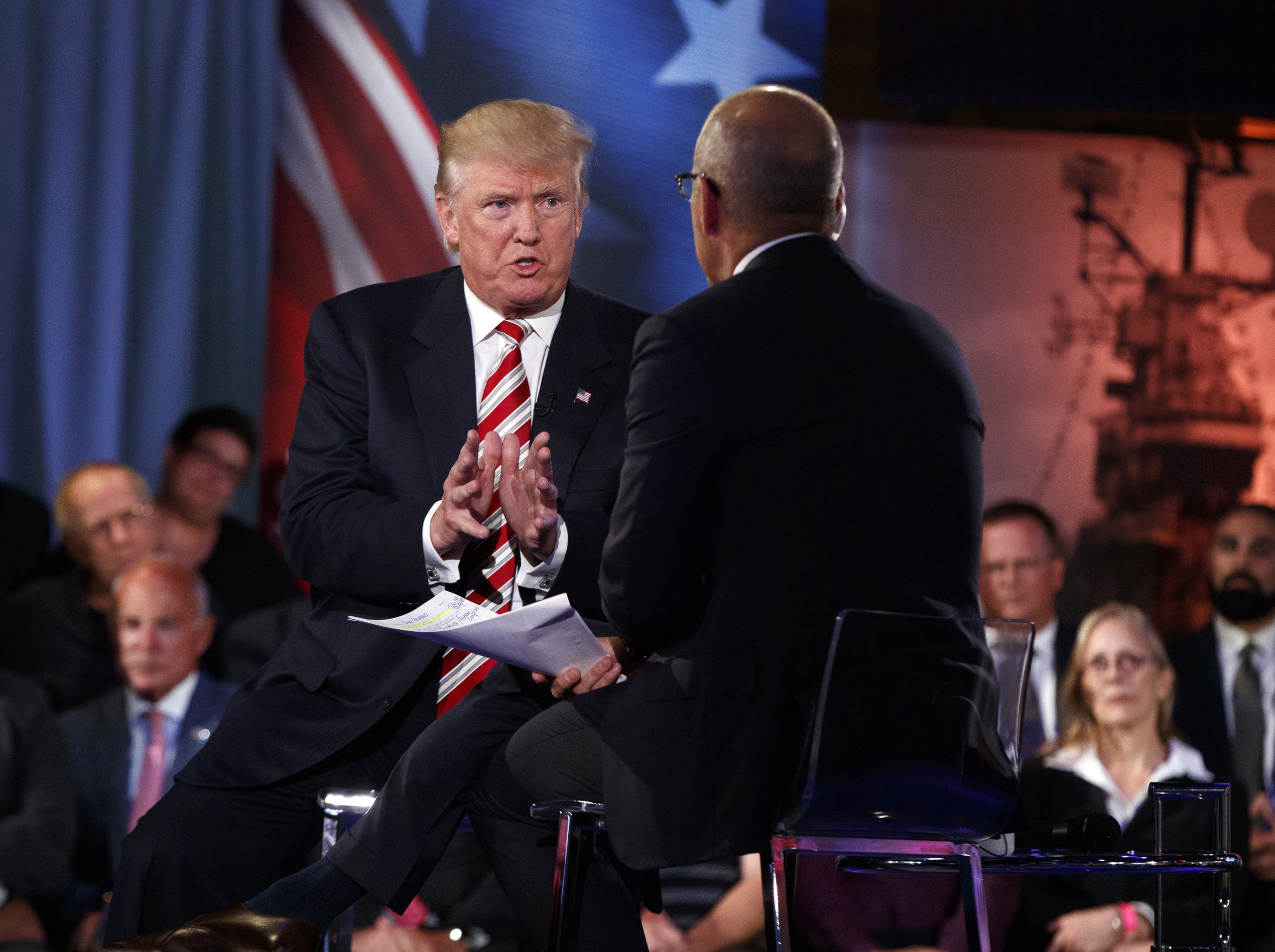 Republican presidential candidate Donald Trump speaks with 'Today' show co-anchor Matt Lauer at the NBC Commander-In-Chief Forum held at the Intrepid Sea, Air and Space museum aboard the decommissioned aircraft carrier Intrepid, New York City on Sept. 7,