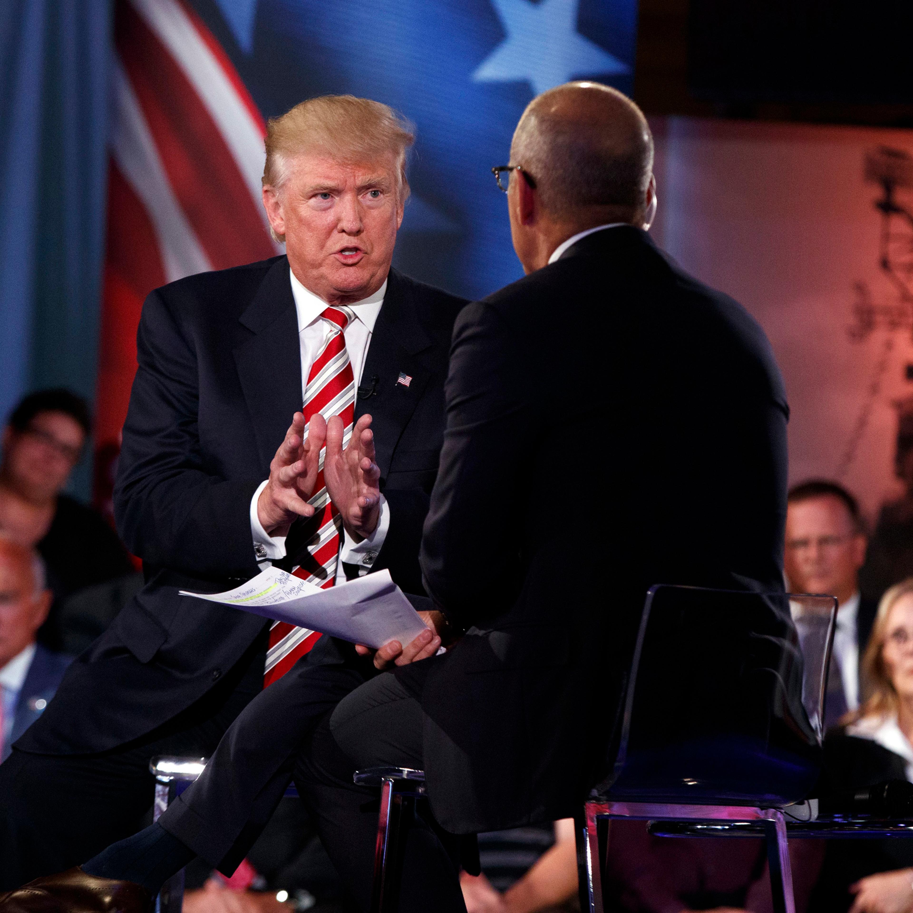 Republican presidential candidate Donald Trump speaks with 'Today' show co-anchor Matt Lauer at the NBC Commander-In-Chief Forum held at the Intrepid Sea, Air and Space museum aboard the decommissioned aircraft carrier Intrepid, New York City on Sept. 7,