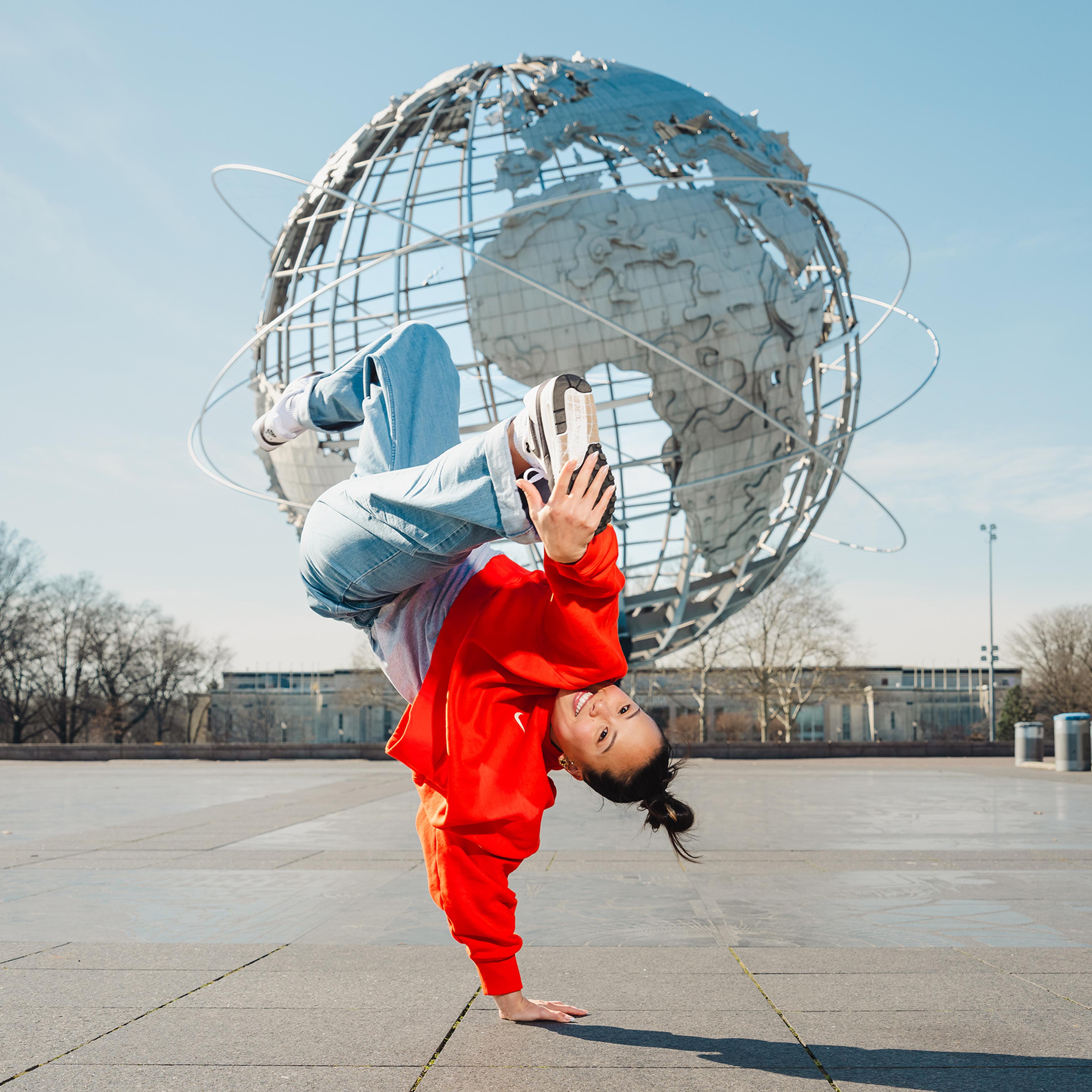Choi shows off a move near the Unisphere at Flushing Meadows Corona Park in New York City. “Breakers used to break back in the day under the globe,” she says