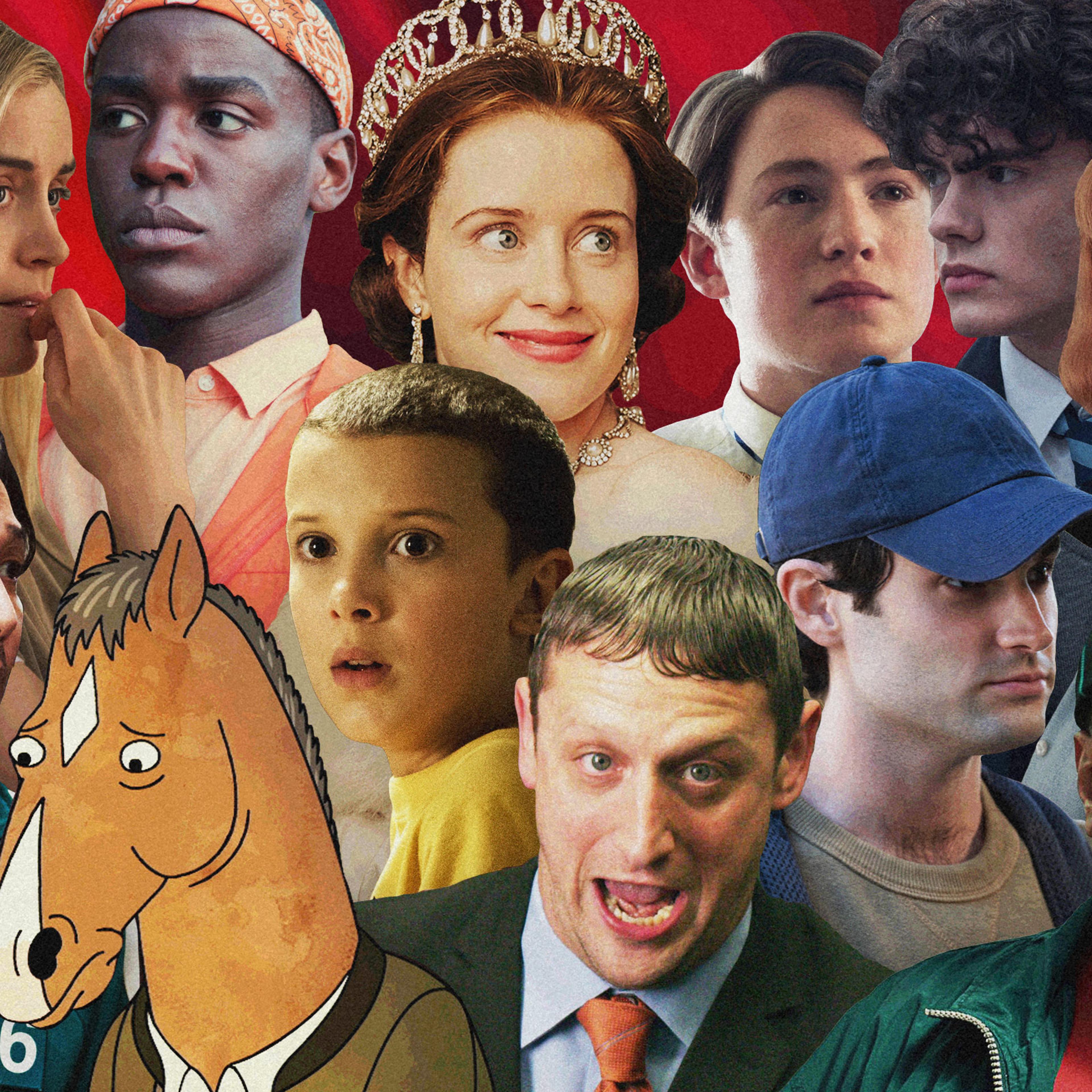 A collage of cut outs of different characters from popular Netflix shows