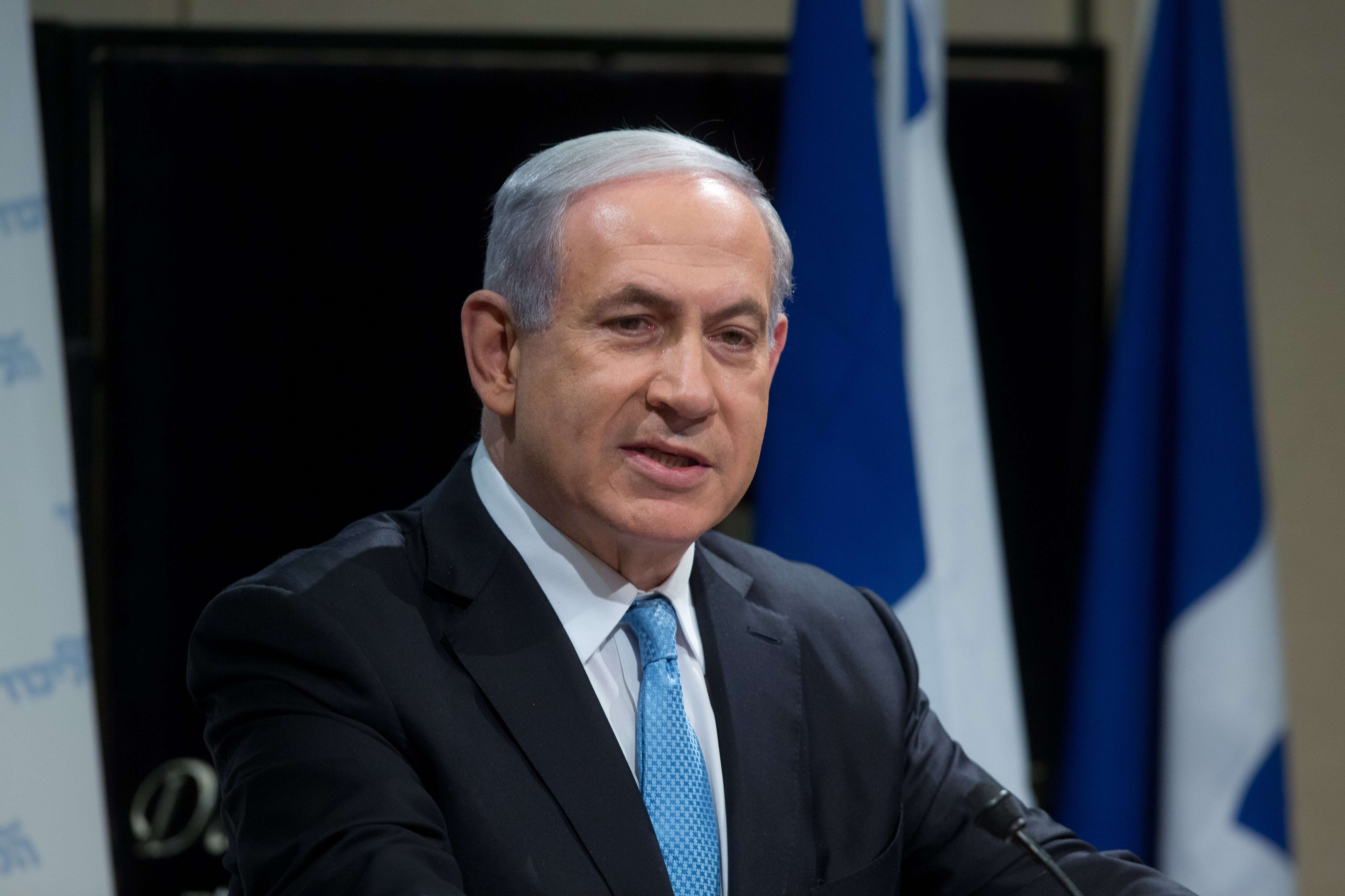 Israeli Prime Minister Benjamin Netanyahu talks during a Likud party election campaign meeting in Tel Aviv on Jan. 25, 2015 ahead of the March 17 general elections.