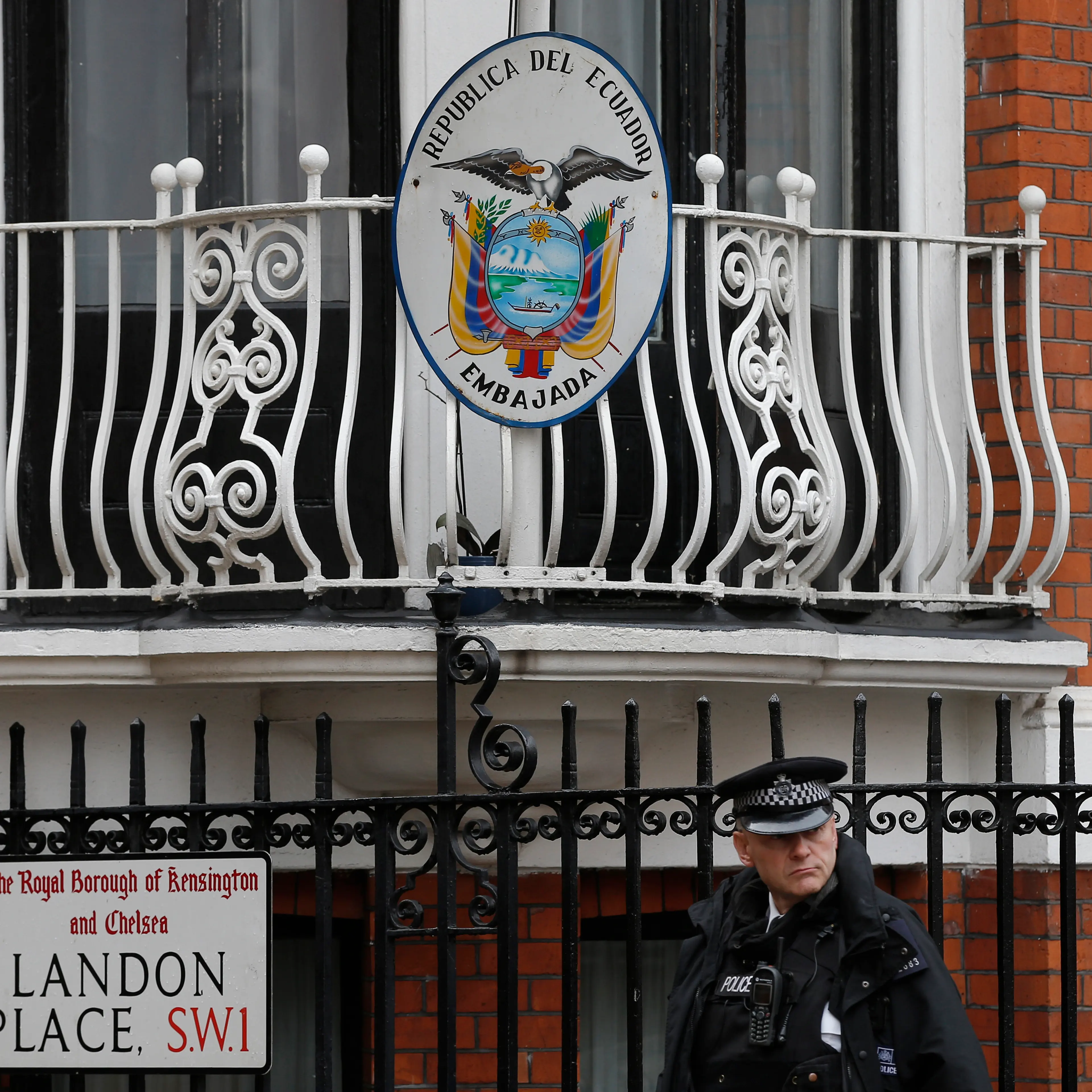 A police officer stands outside the Ecuadorian embassy in London
