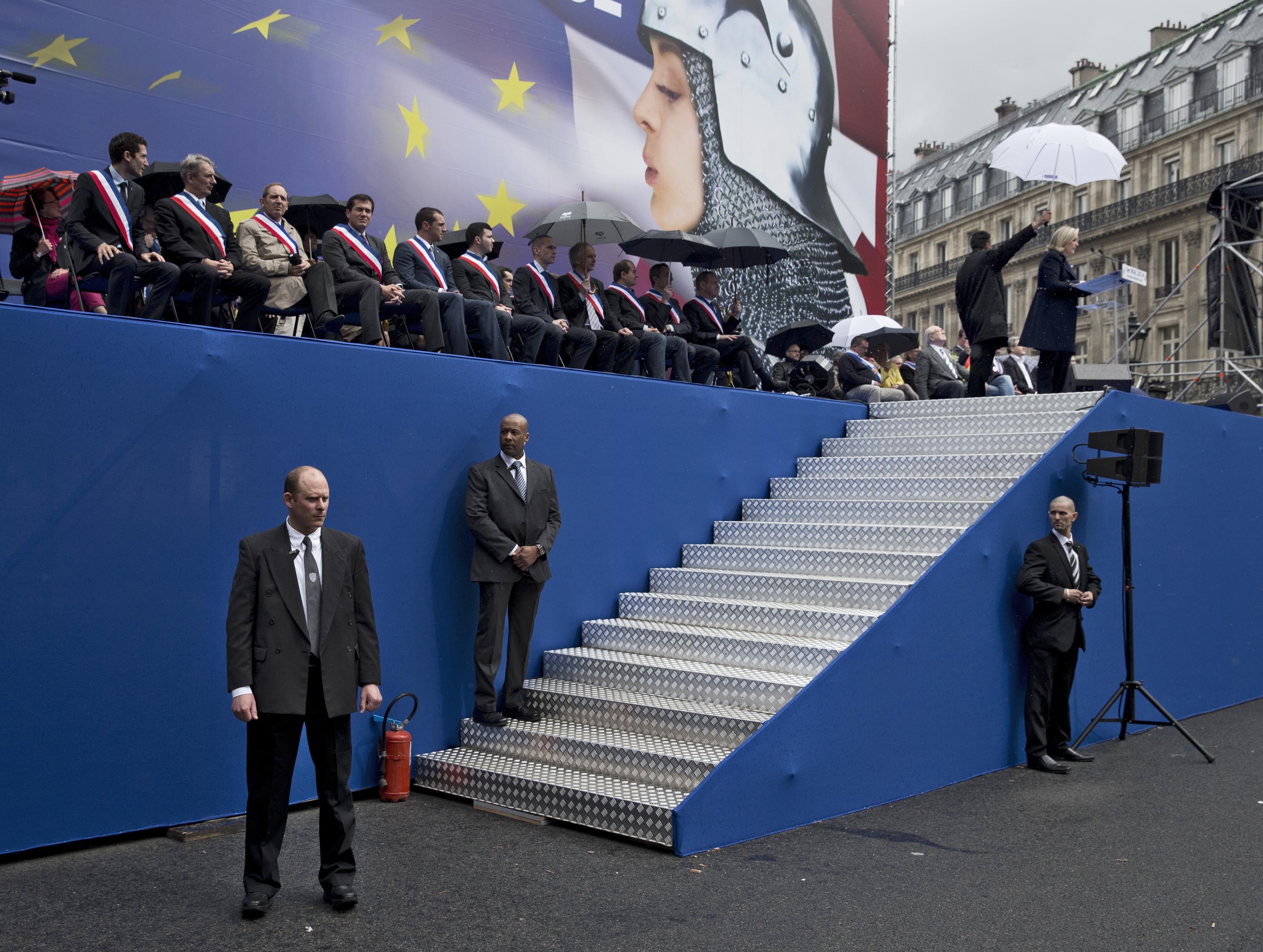 French far-right leader Marine Le Pen speaking to thousands of people at her party's annual march to vote in European parliamentary elections this month to give her a platform for her anti-European Union cause.