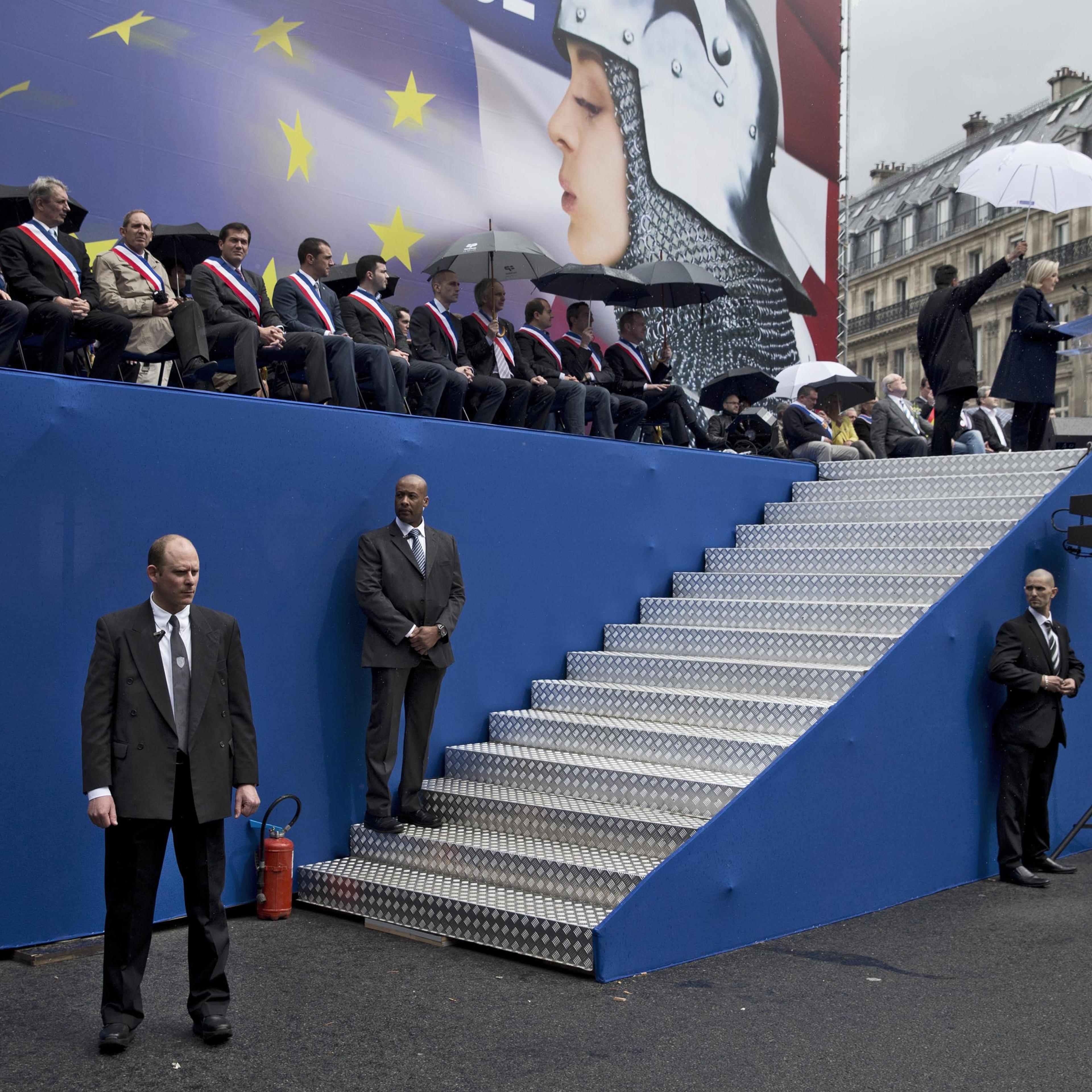 French far-right leader Marine Le Pen speaking to thousands of people at her party's annual march to vote in European parliamentary elections this month to give her a platform for her anti-European Union cause.