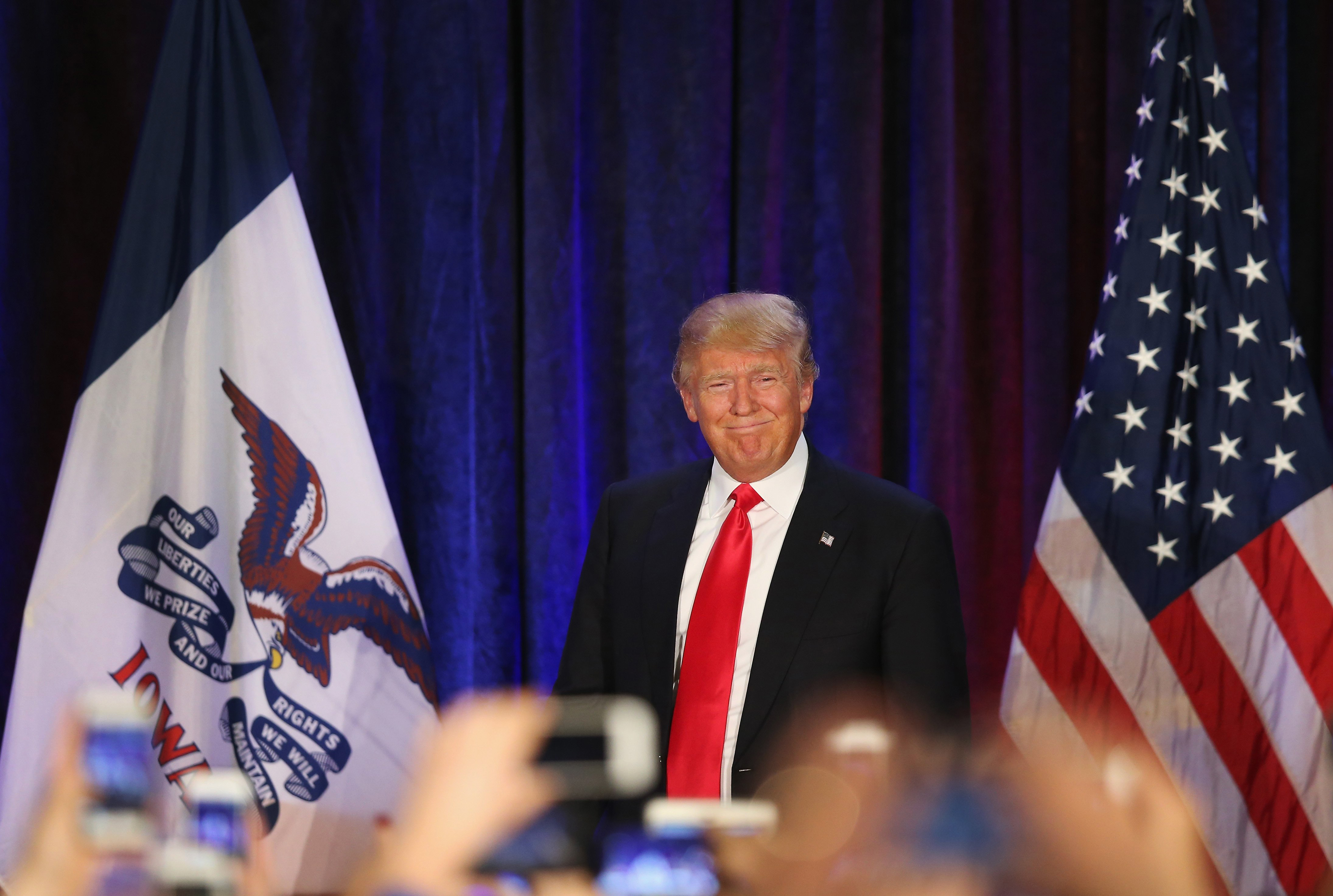 Republican presidential candidate Donald Trump appears at his Iowa caucus night gathering Feb. 1, 2016 in Des Moines, Iowa.