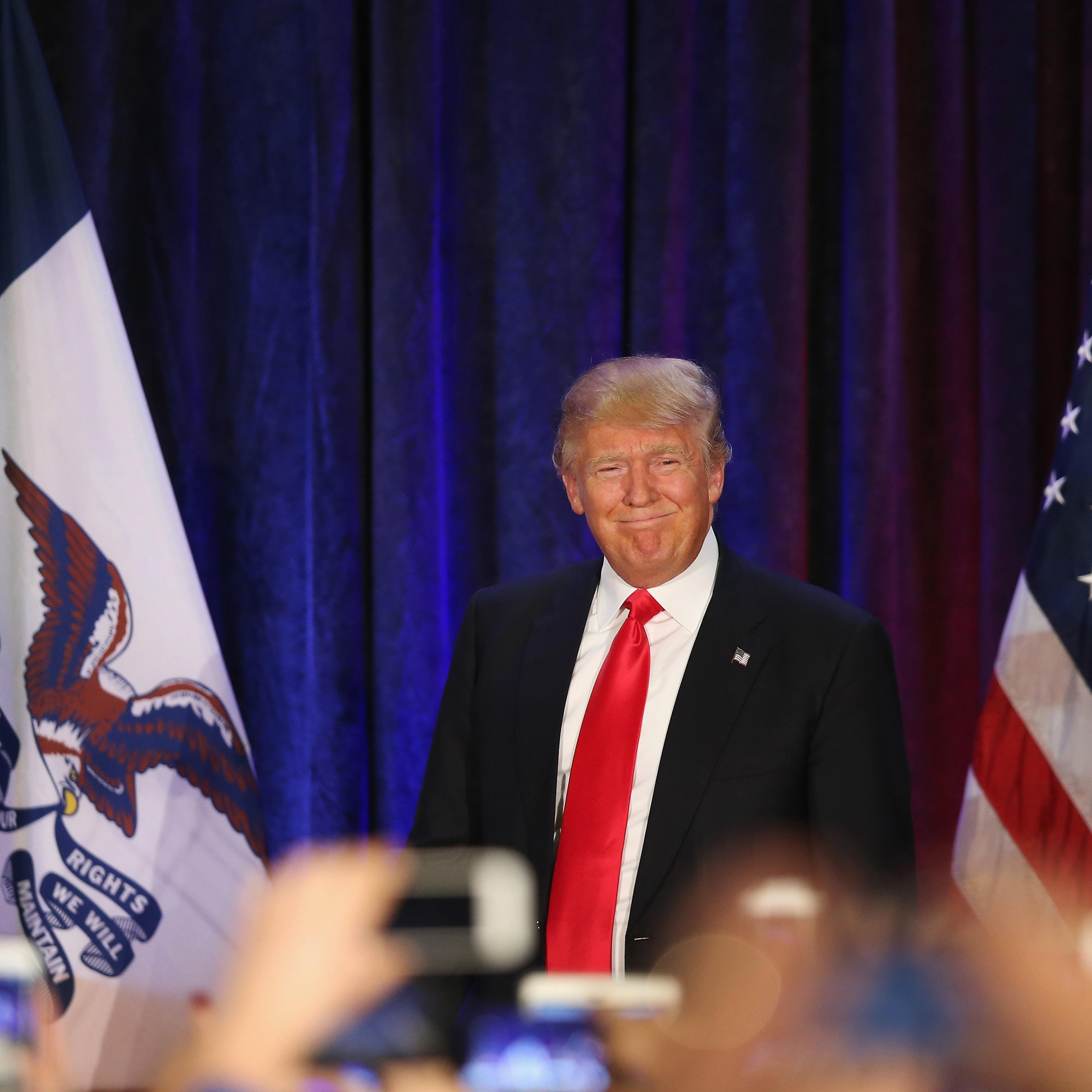 Republican presidential candidate Donald Trump appears at his Iowa caucus night gathering Feb. 1, 2016 in Des Moines, Iowa.