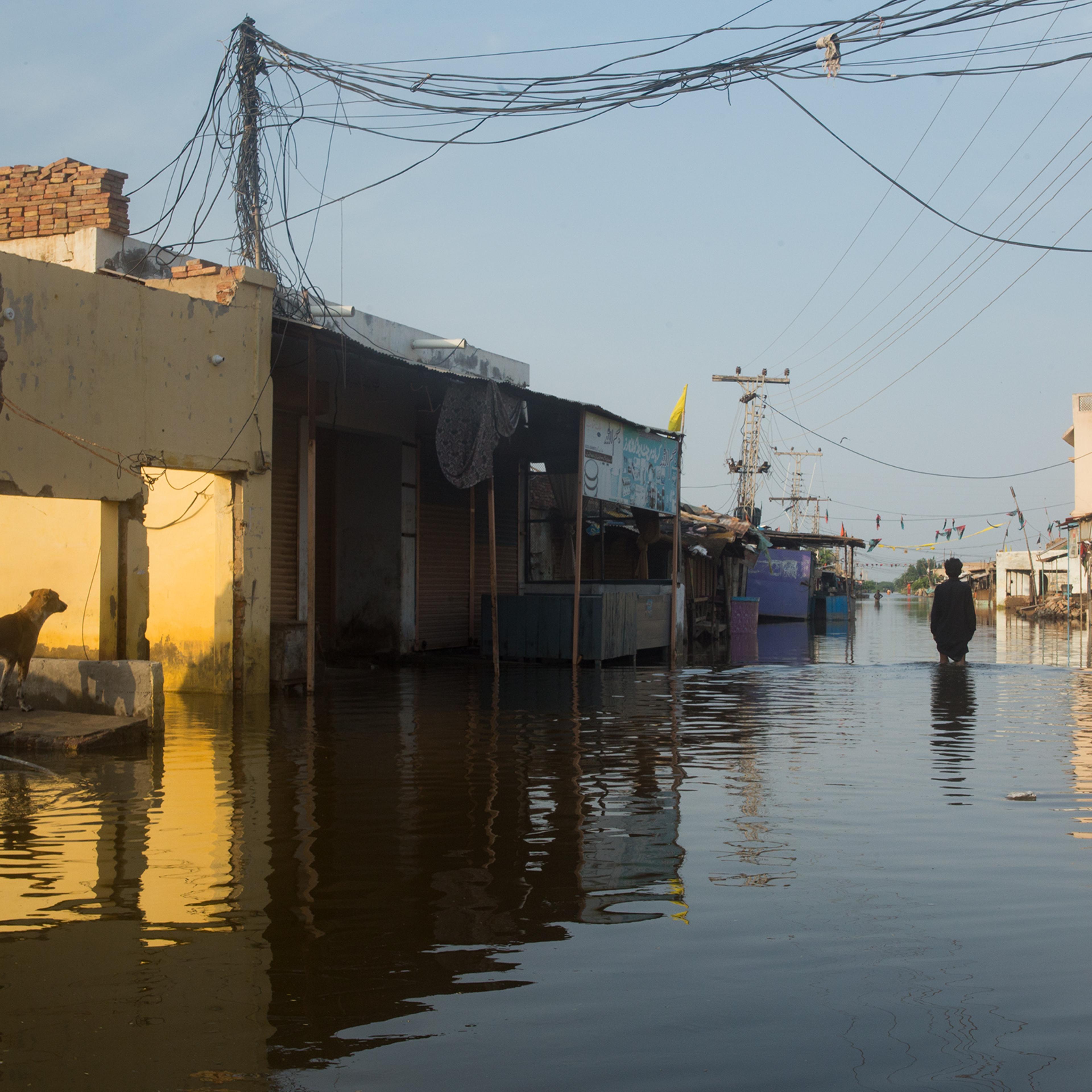 A flooded bazaar in Jhuddo, Sindh province, Pakistan