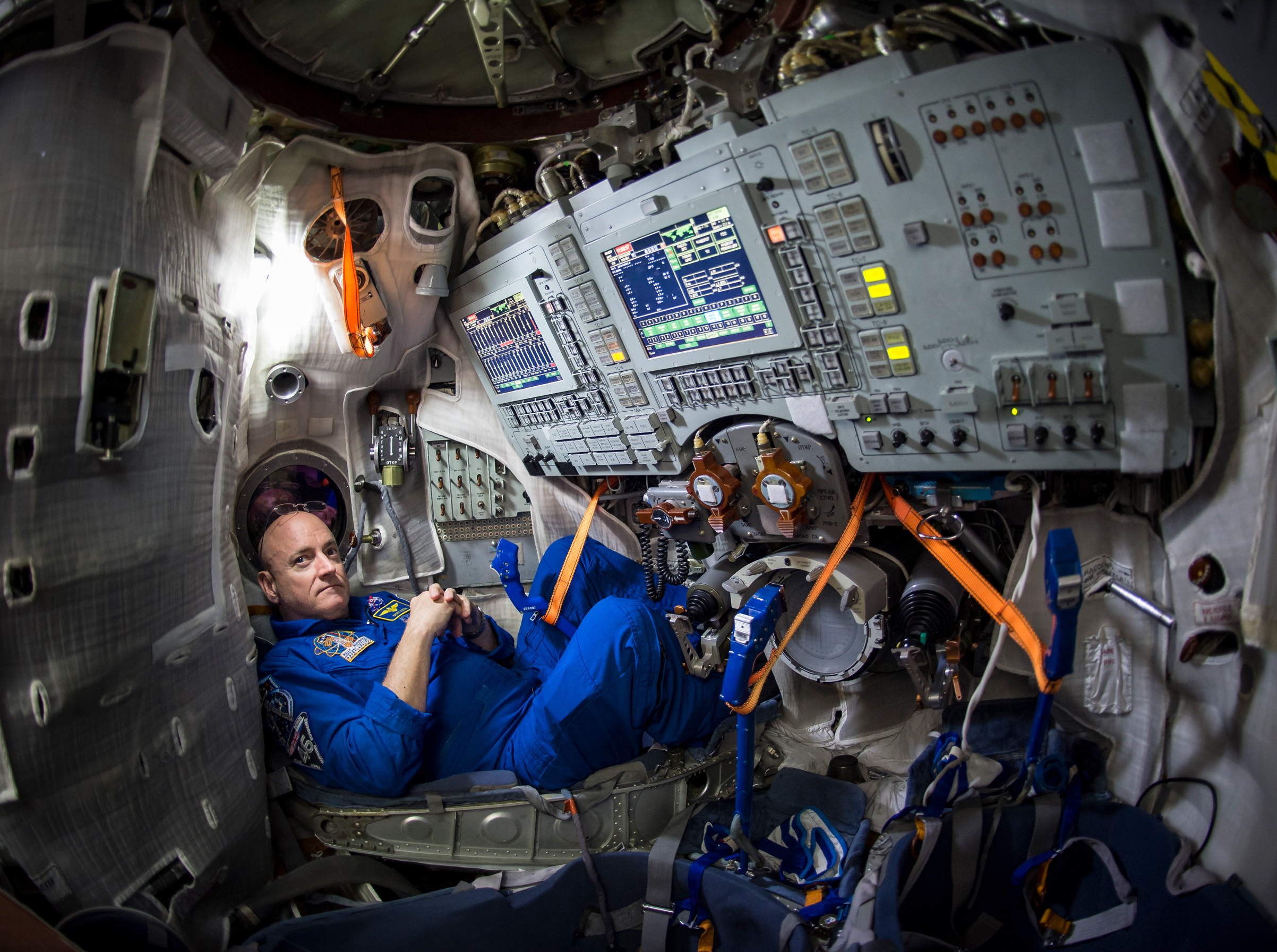 Scott Kelly is seen inside a Soyuz simulator at the Gagarin Cosmonaut Training Center March 5, 2015 in Star City, Russia.
