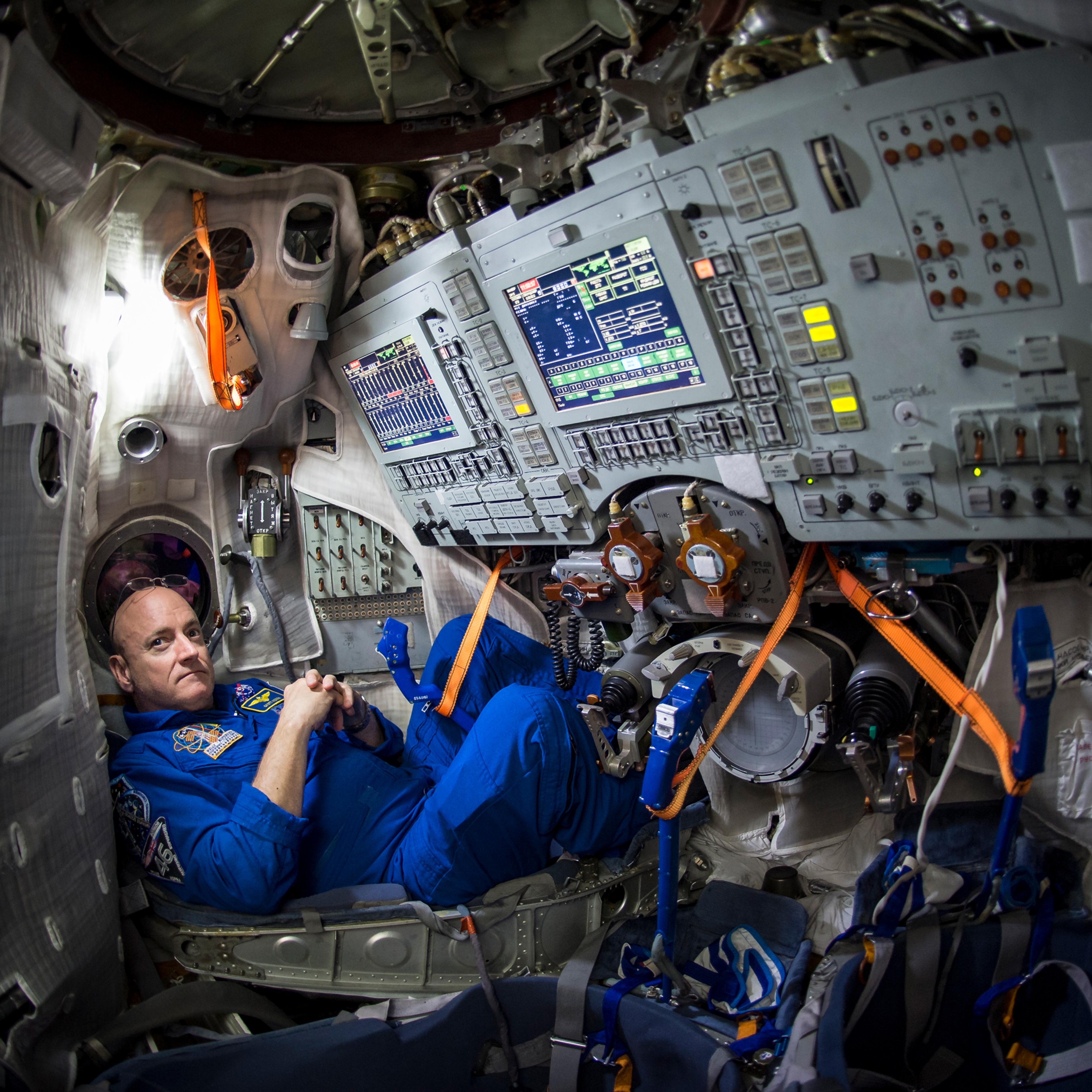 Scott Kelly is seen inside a Soyuz simulator at the Gagarin Cosmonaut Training Center March 5, 2015 in Star City, Russia.