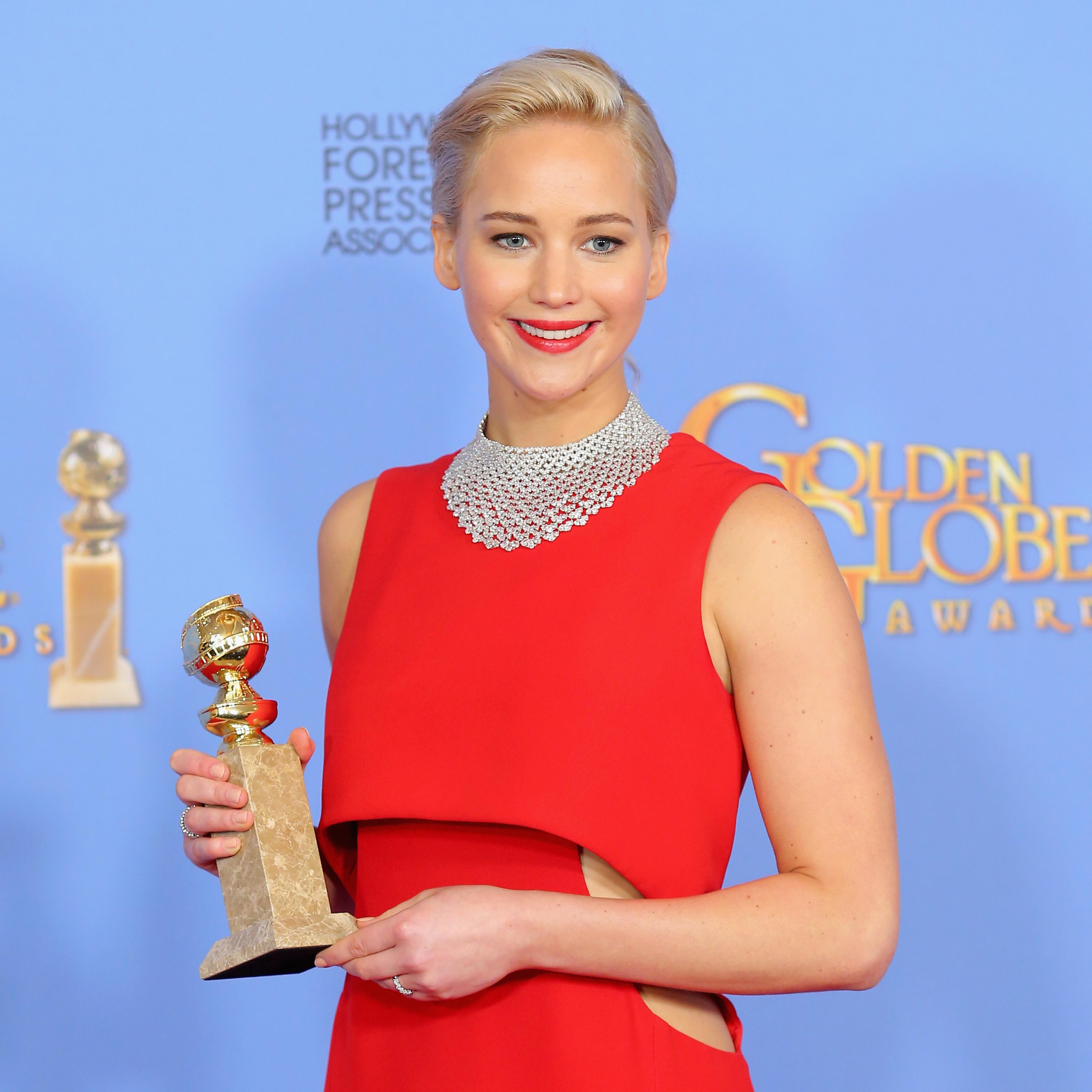 Actress Jennifer Lawrence, poses in the press room during the 73rd Annual Golden Globe Awards held at the Beverly Hilton Hotel on January 10, 2016 in Beverly Hills, California.