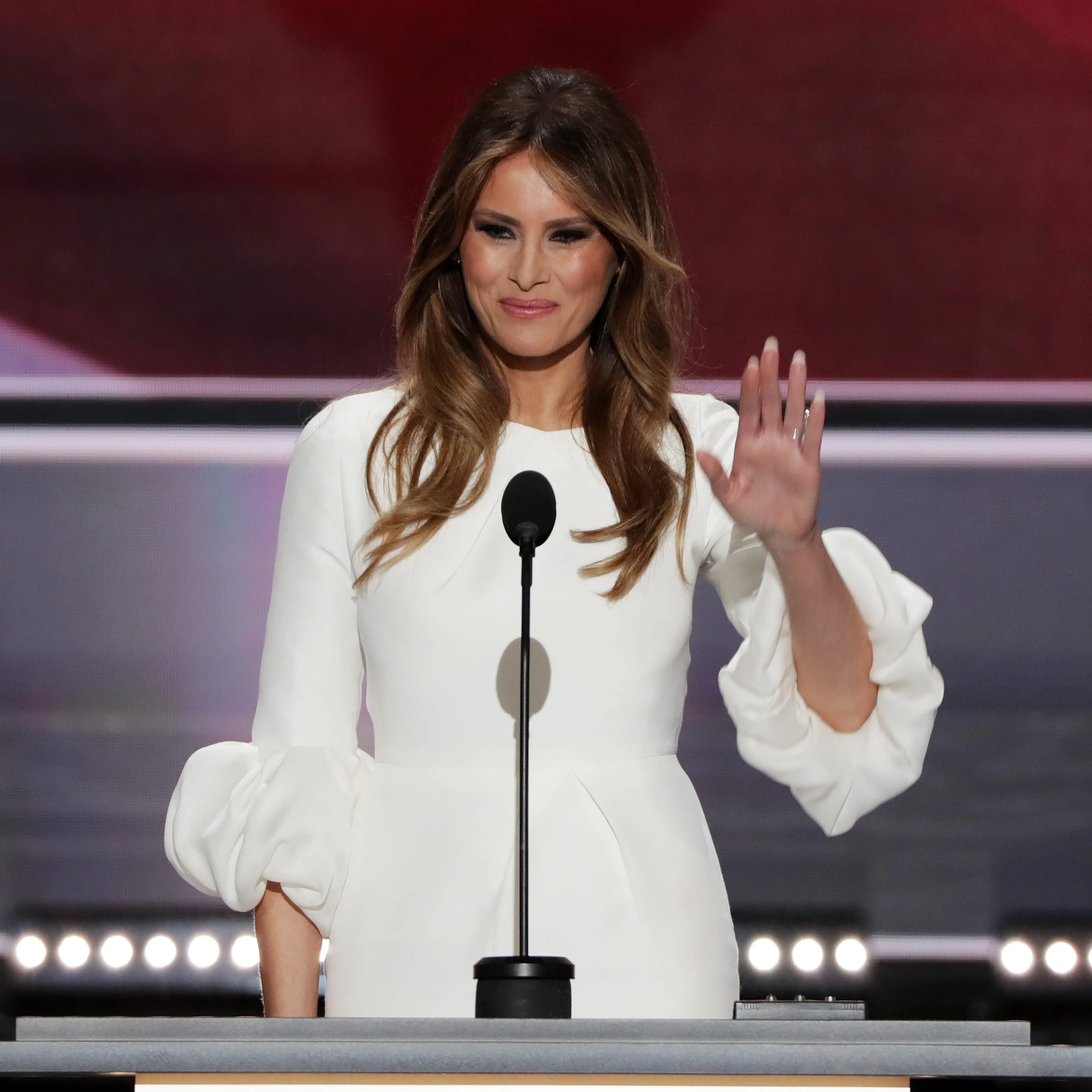 Melania Trump, wife of Presumptive Republican presidential nominee Donald Trump, waves to the crowd after delivering a speech on the first day of the Republican National Convention at the Quicken Loans Arena in Cleveland on July 18, 2016.