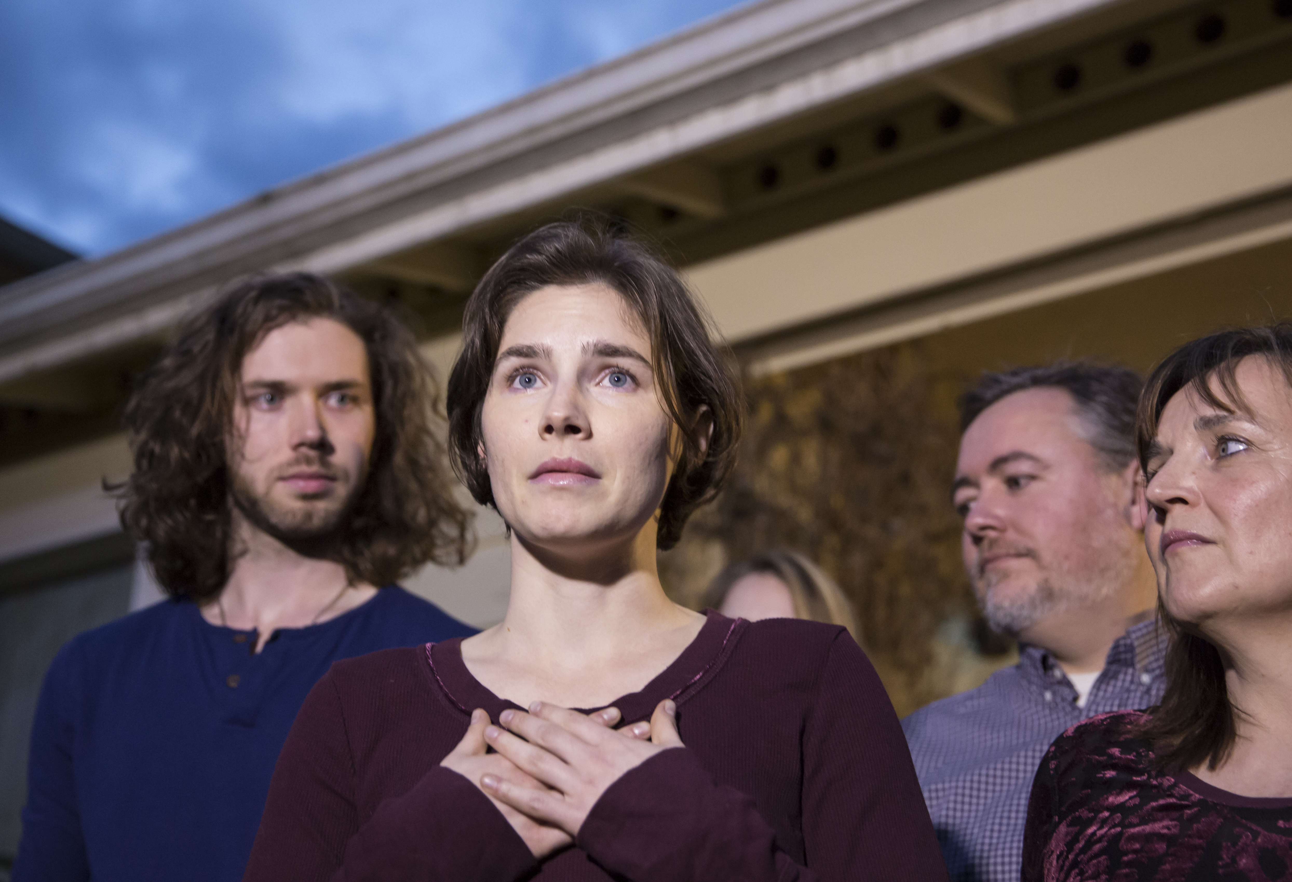 Amanda Knox speaks to the media during a brief press conference in front of her parents' home in Seattle on March 27, 2015.