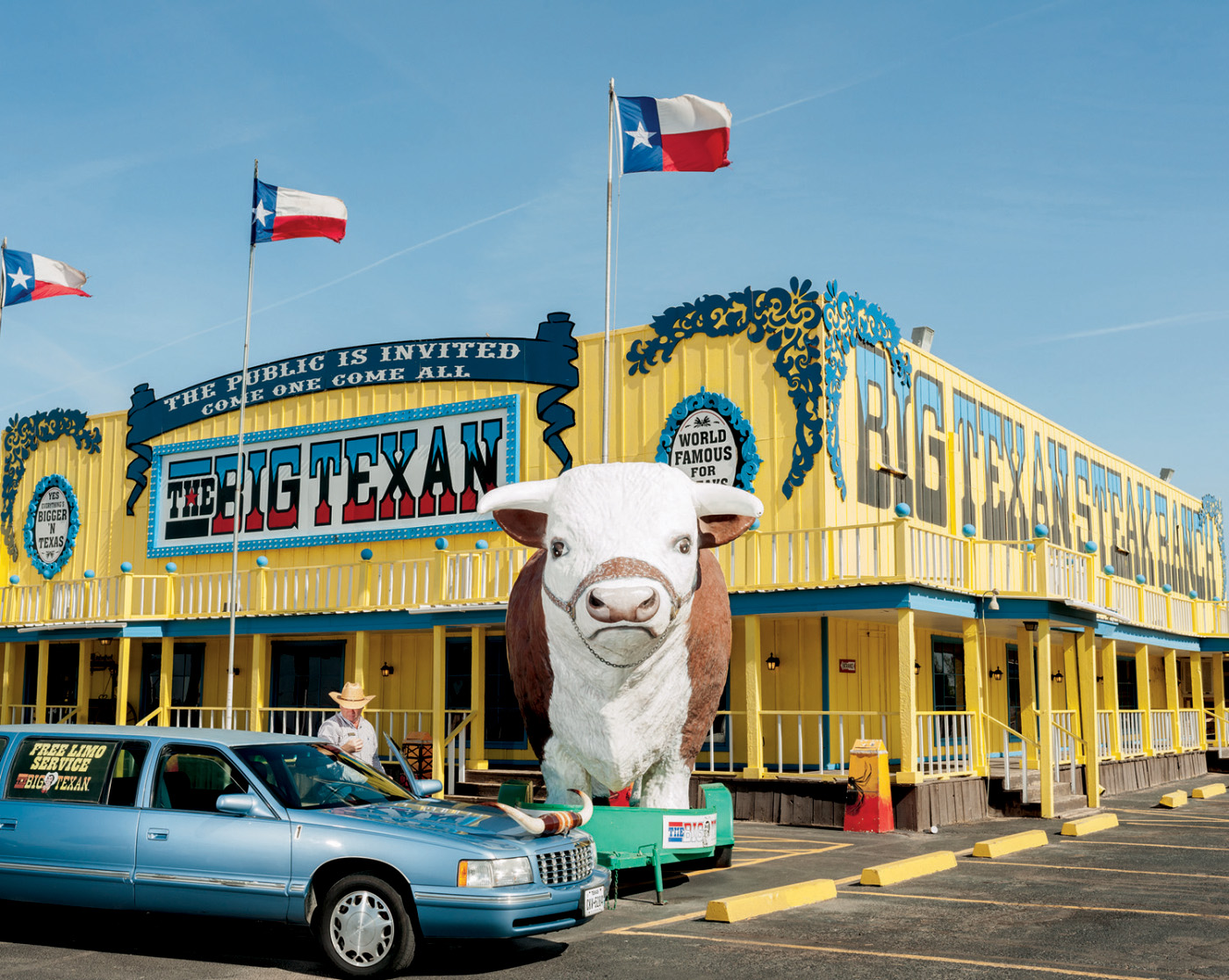 Beef is big in Texas. Last year in the state, ten times as many calves were born, 3.85 million, as human babies. At the Big Texan in Amarillo—which offers free rides in a longhorn limo—you get your 72-ounce steak for free if you finish it in under an hou