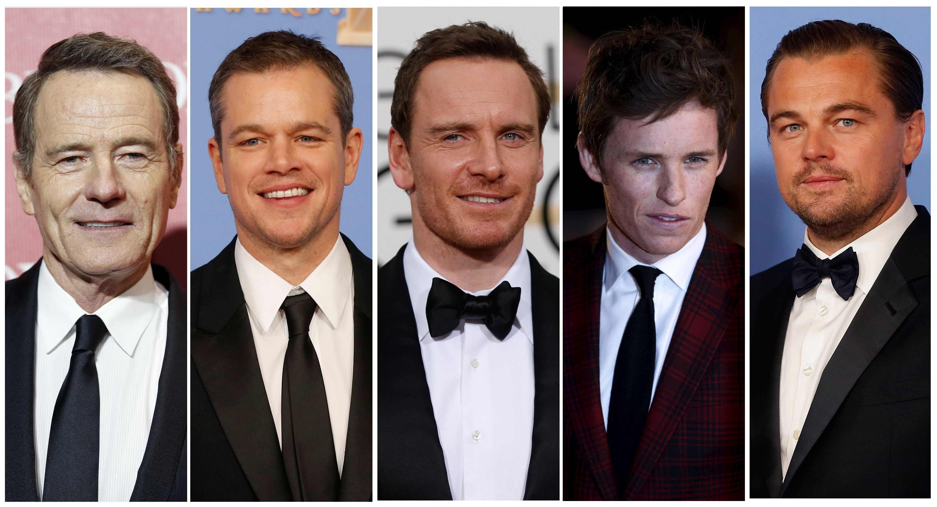 Oscar nominees for Best Actor are shown in this combination of file photos (L to R) Bryan Cranston, Matt Damon, Michael Fassbender, Eddie Redmayne, and Leonardo DiCaprio.