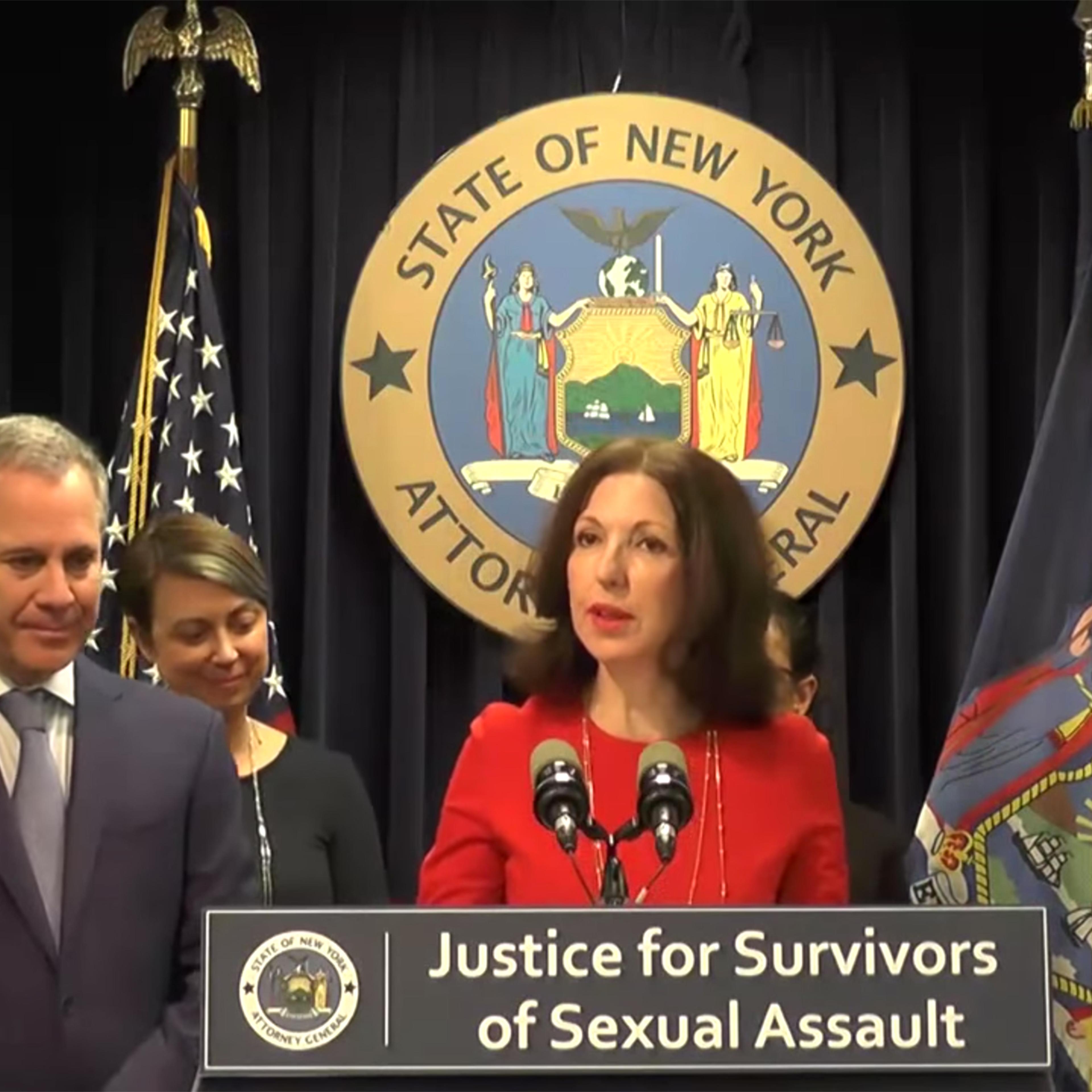 Judy Harris Kluger speaks at a press conference discussing protection of survivors of sexual assault in New York, on Nov 28, 2017.