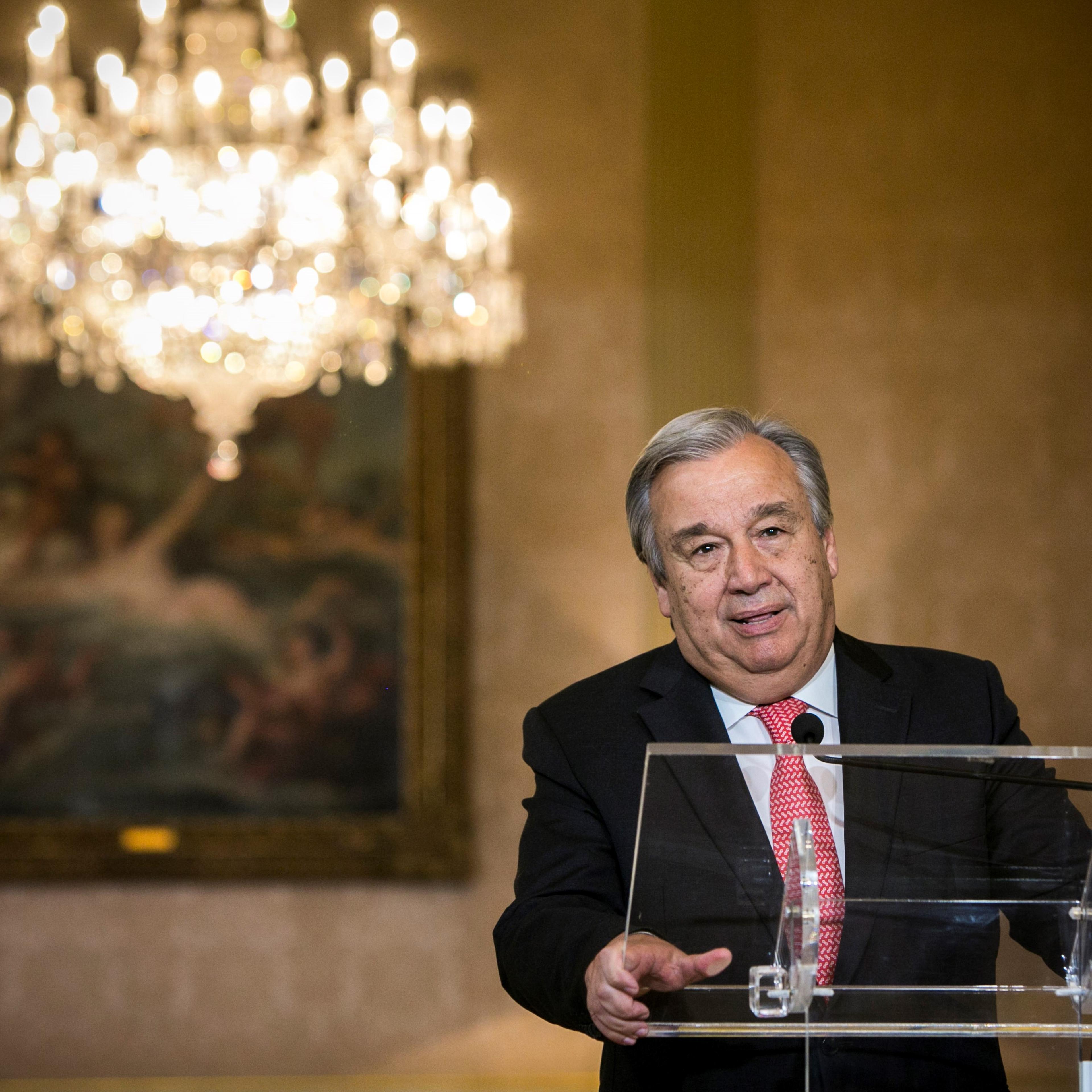 New appointed United Nations general secretary Antonio Guterres delivers a speech during a press conference in Lisbon, Portugal on October 6, 2016.