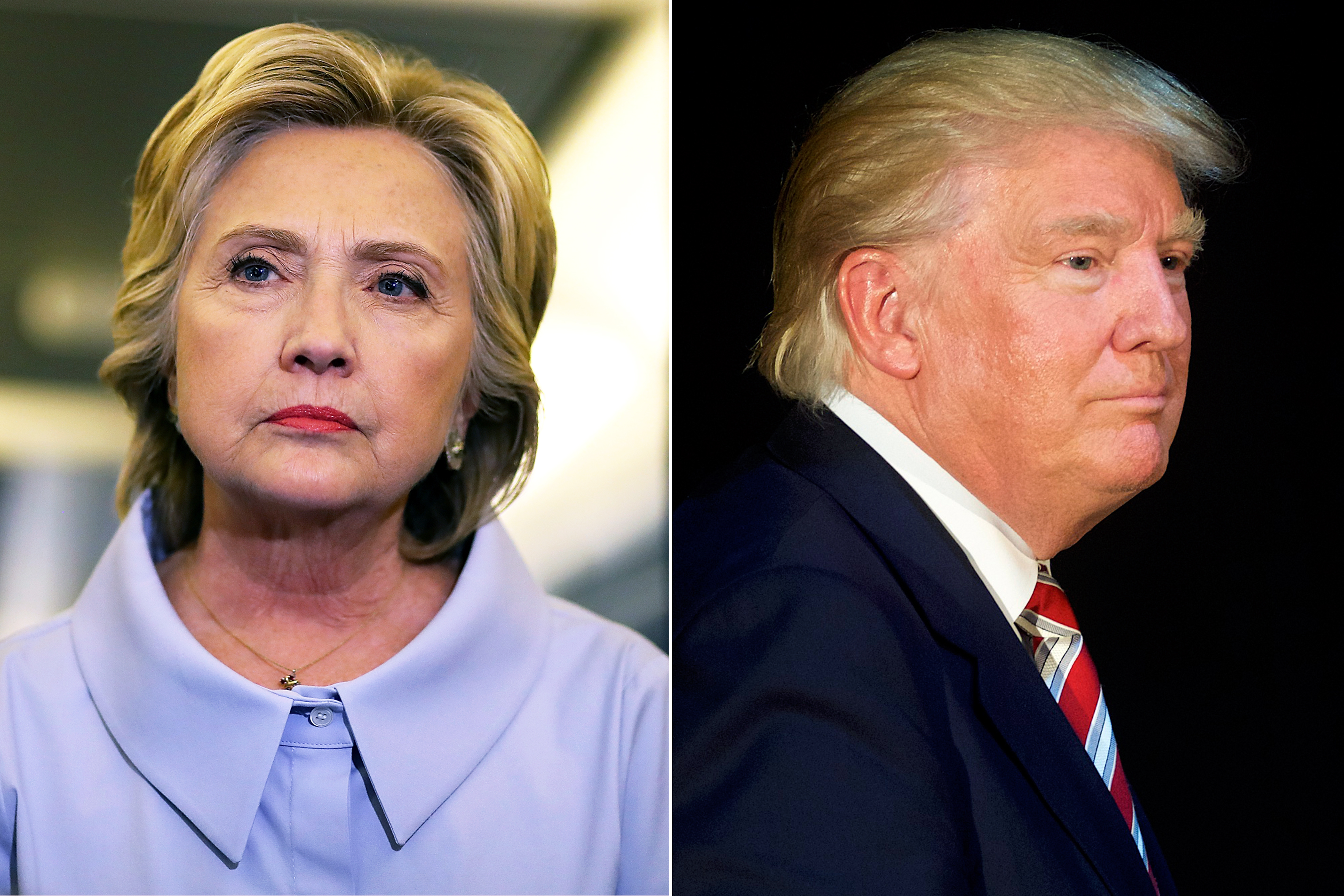 Hillary Clinton in Iowa. on Sept. 5, 2016 (L); Donald Trump in Aston, PA, on Sept. 13, 2016.