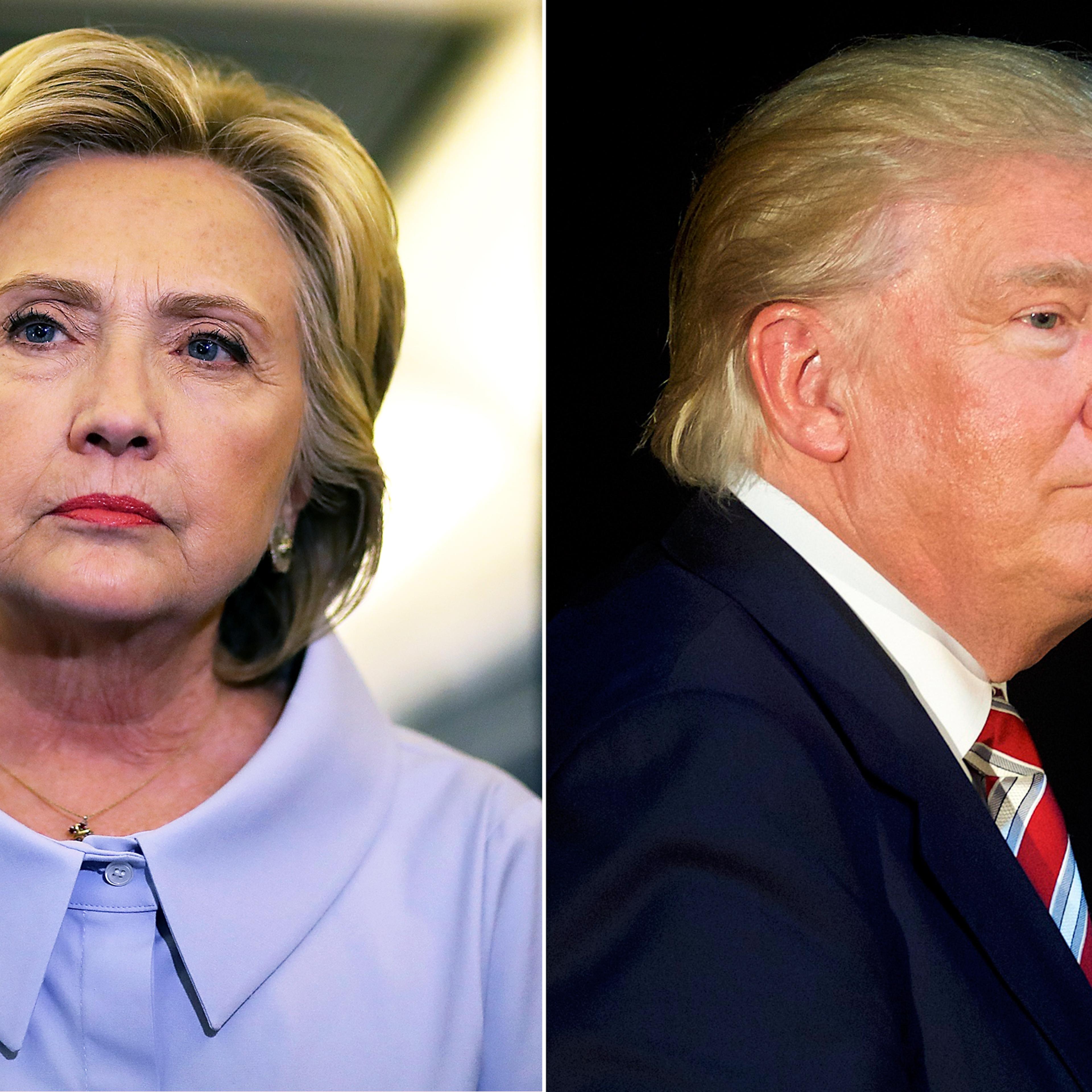 Hillary Clinton in Iowa. on Sept. 5, 2016 (L); Donald Trump in Aston, PA, on Sept. 13, 2016.