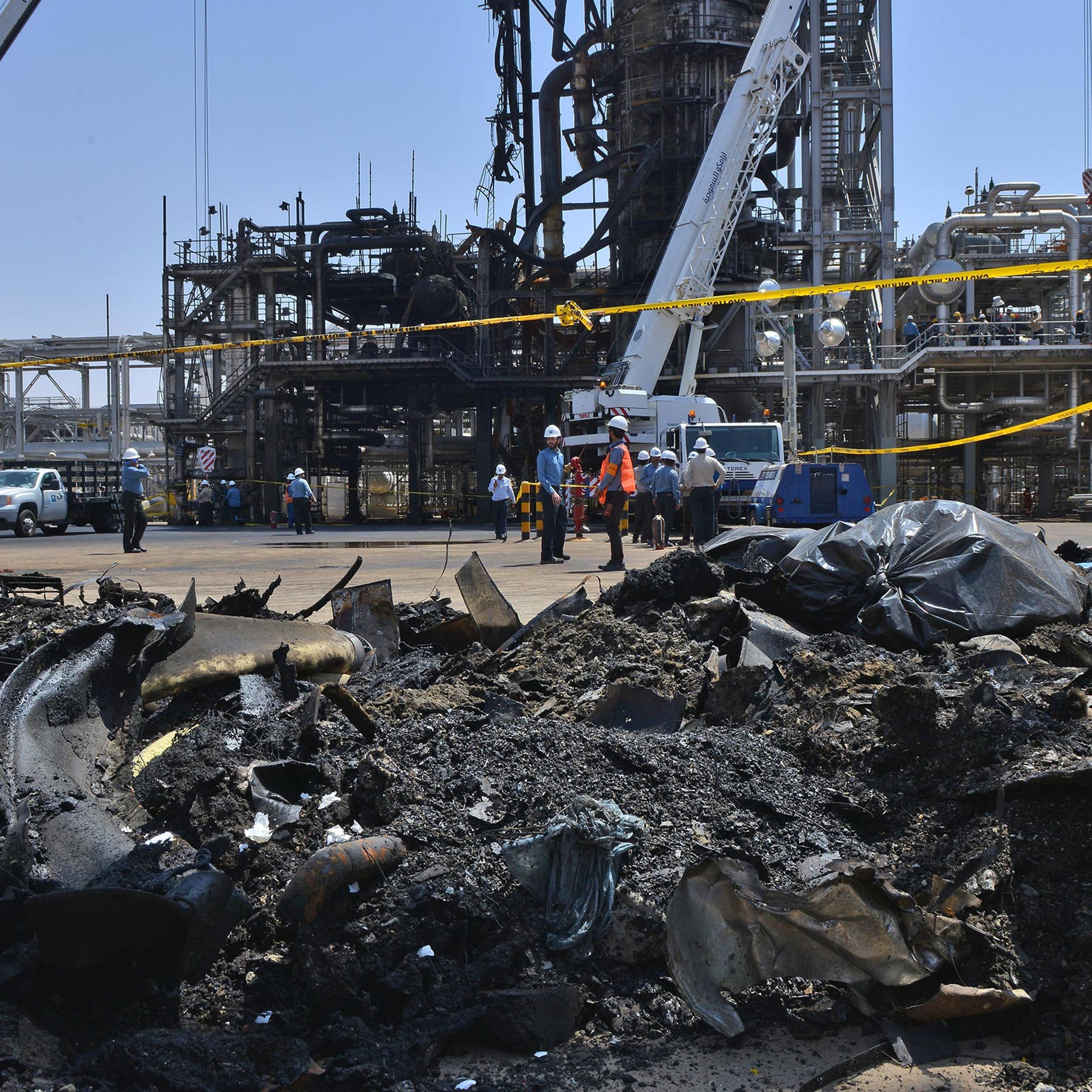 A destroyed installation in Saudi Arabia's Khurais oil processing plant on Sept. 20, 2019.