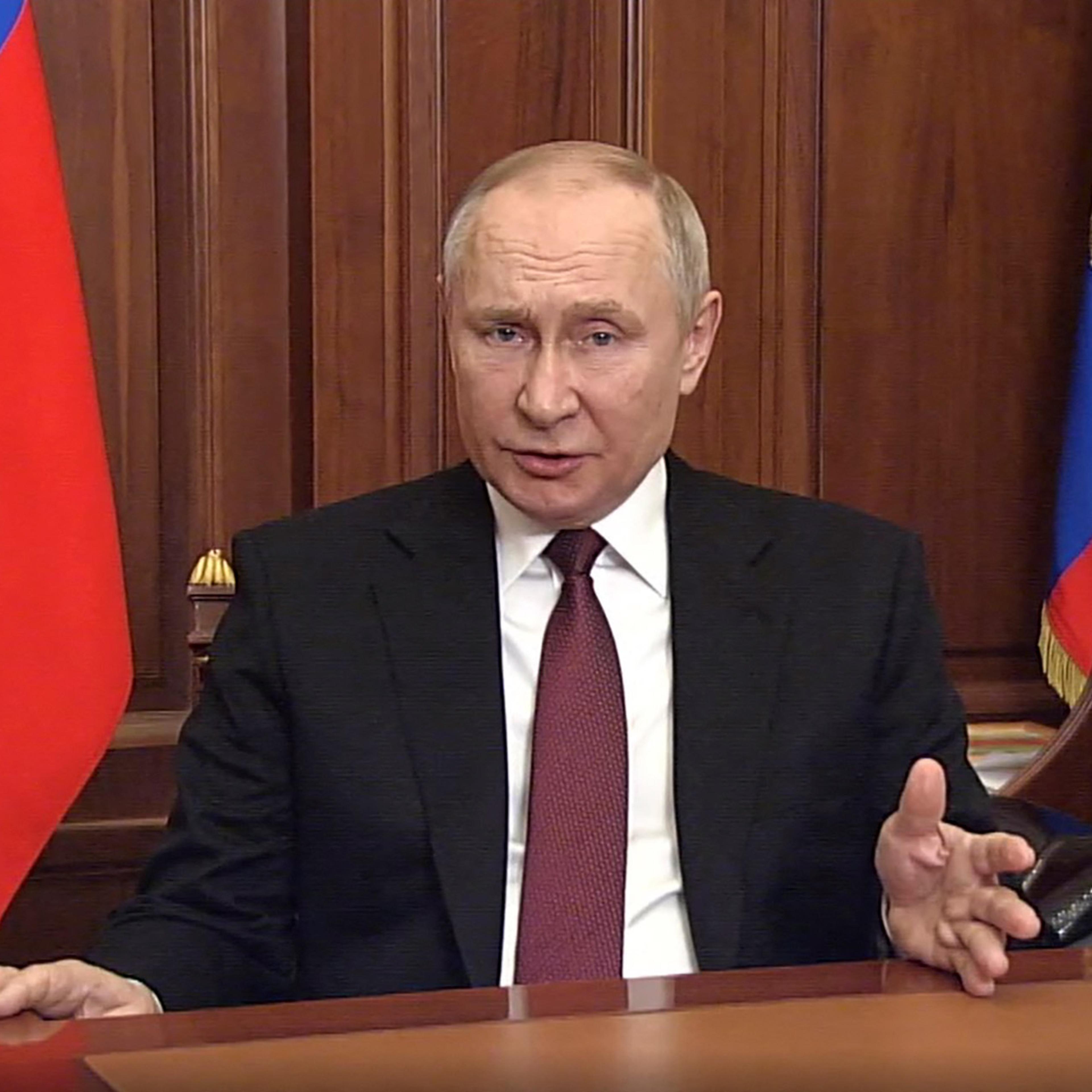 A video grab taken from footage on the official web site of Russian President Vladimir Putin as he addresses the nation at the Kremlin in Moscow early on Feb. 24, 2022. Putin announced a "military operation" in Ukraine and called on soldiers there to lay down their arms, defying Western outrage and global appeals not to launch a war.
