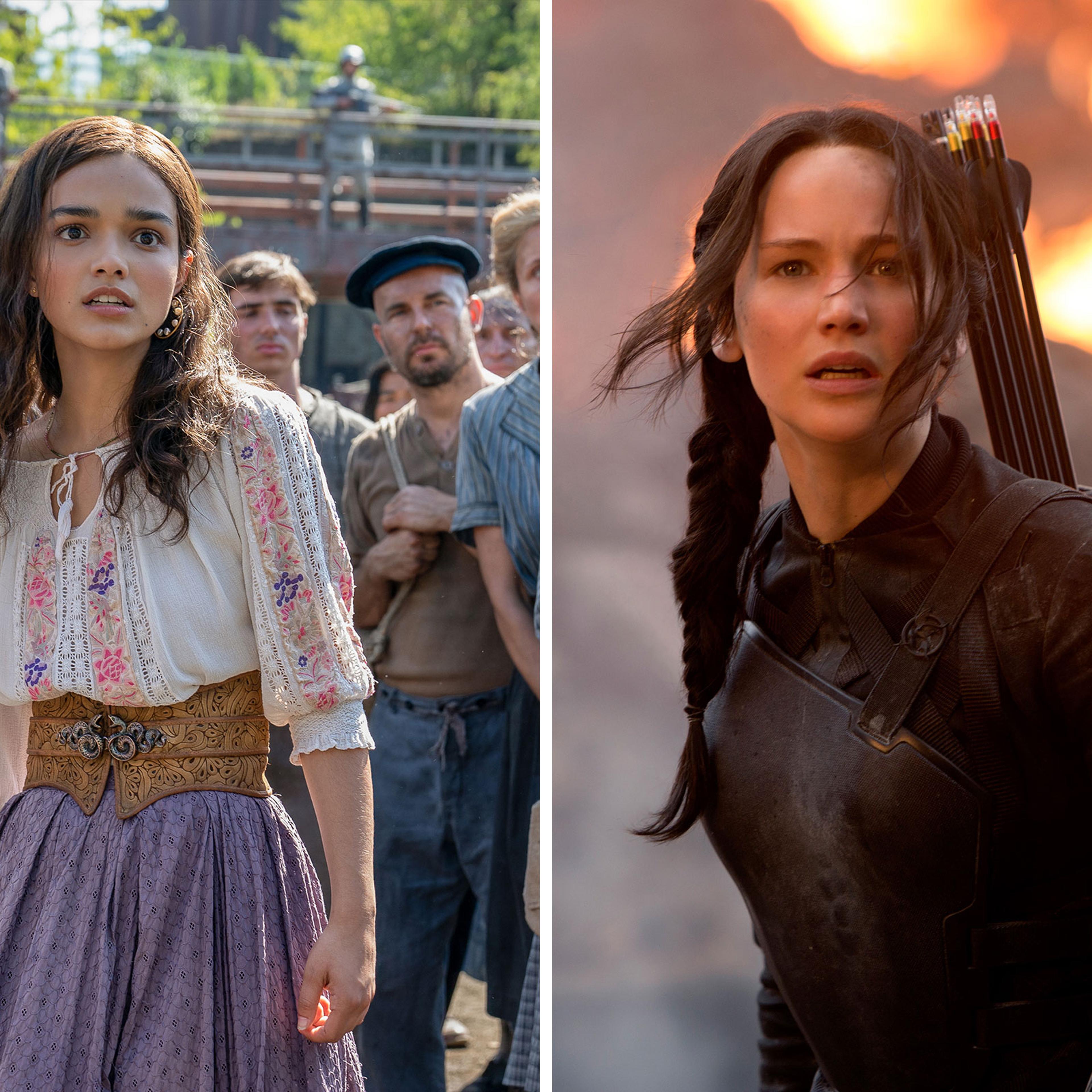 Rachel Zegler as Lucy Gray Baird in The Hunger Games: The Ballad of Songbirds and Snakes; Jennifer Lawrence as Katniss Everdeen in The Hunger Games: Mockingjay Part I
