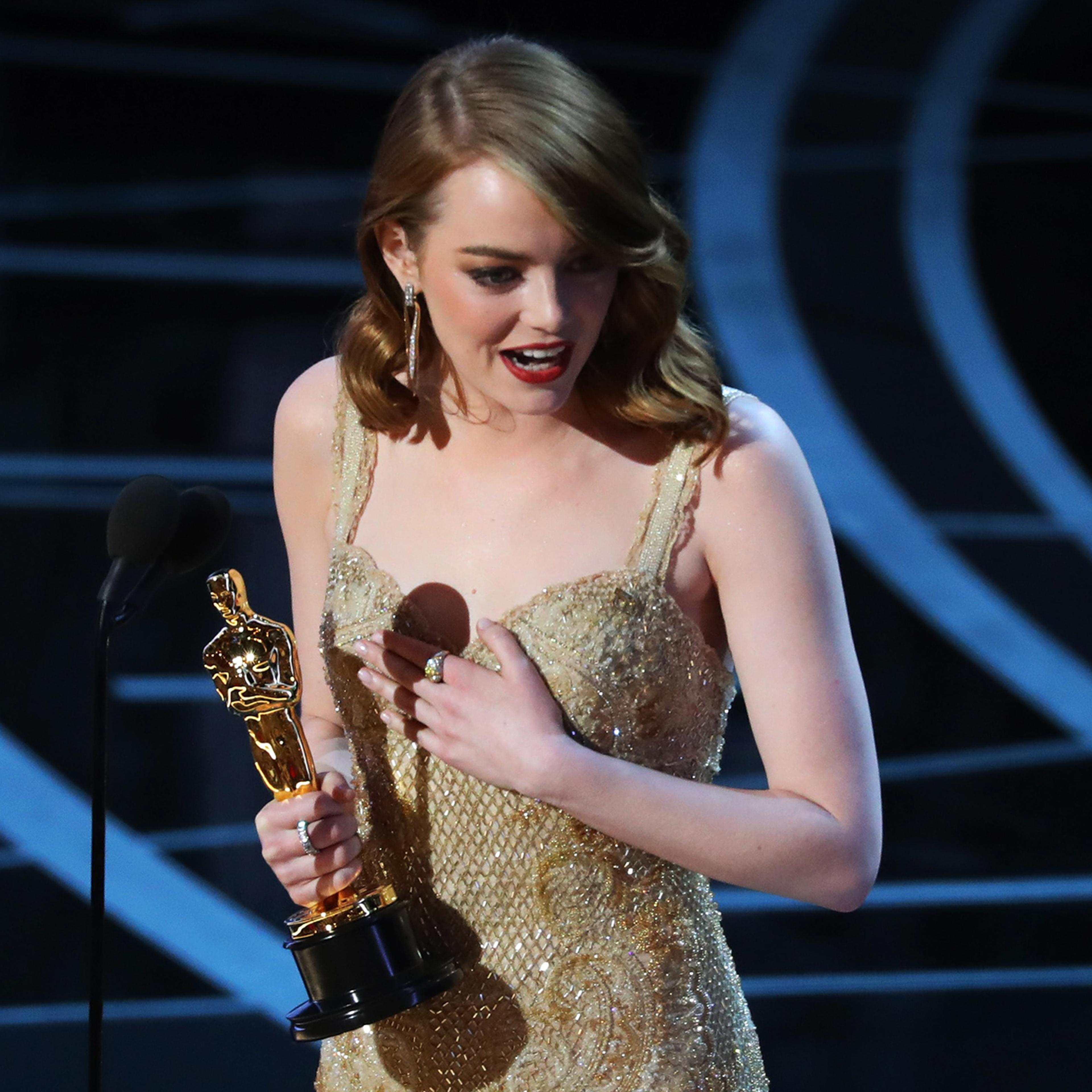 Best Actress winner Emma Stone accepts her award for La La Land, on Feb. 26, 2017 in Hollywood, Calif.