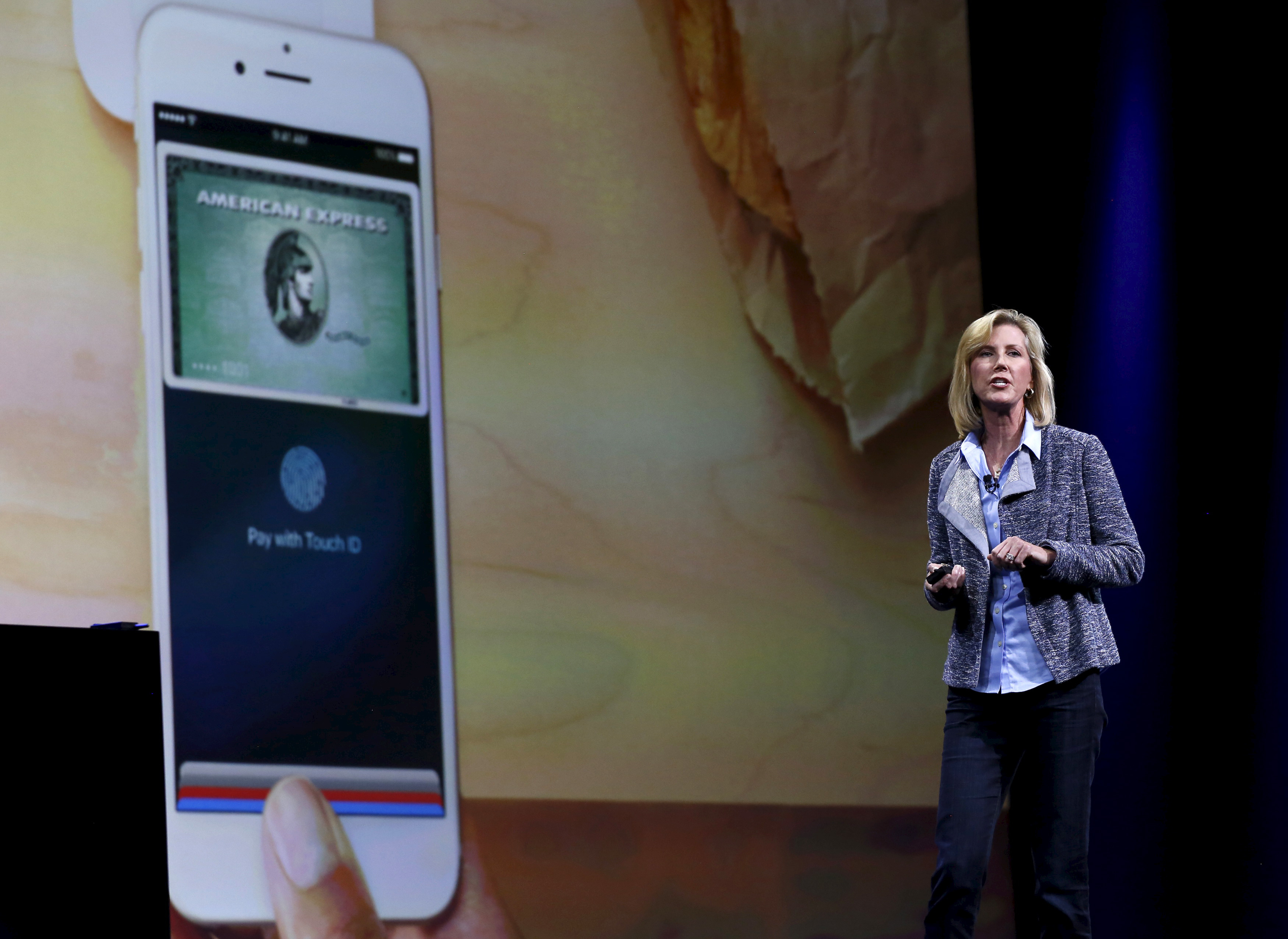 Apple senior vice president for hardware engineering Jennifer Bailey speaks at the Worldwide Developers Conference in San Francisco on June 8, 2015.