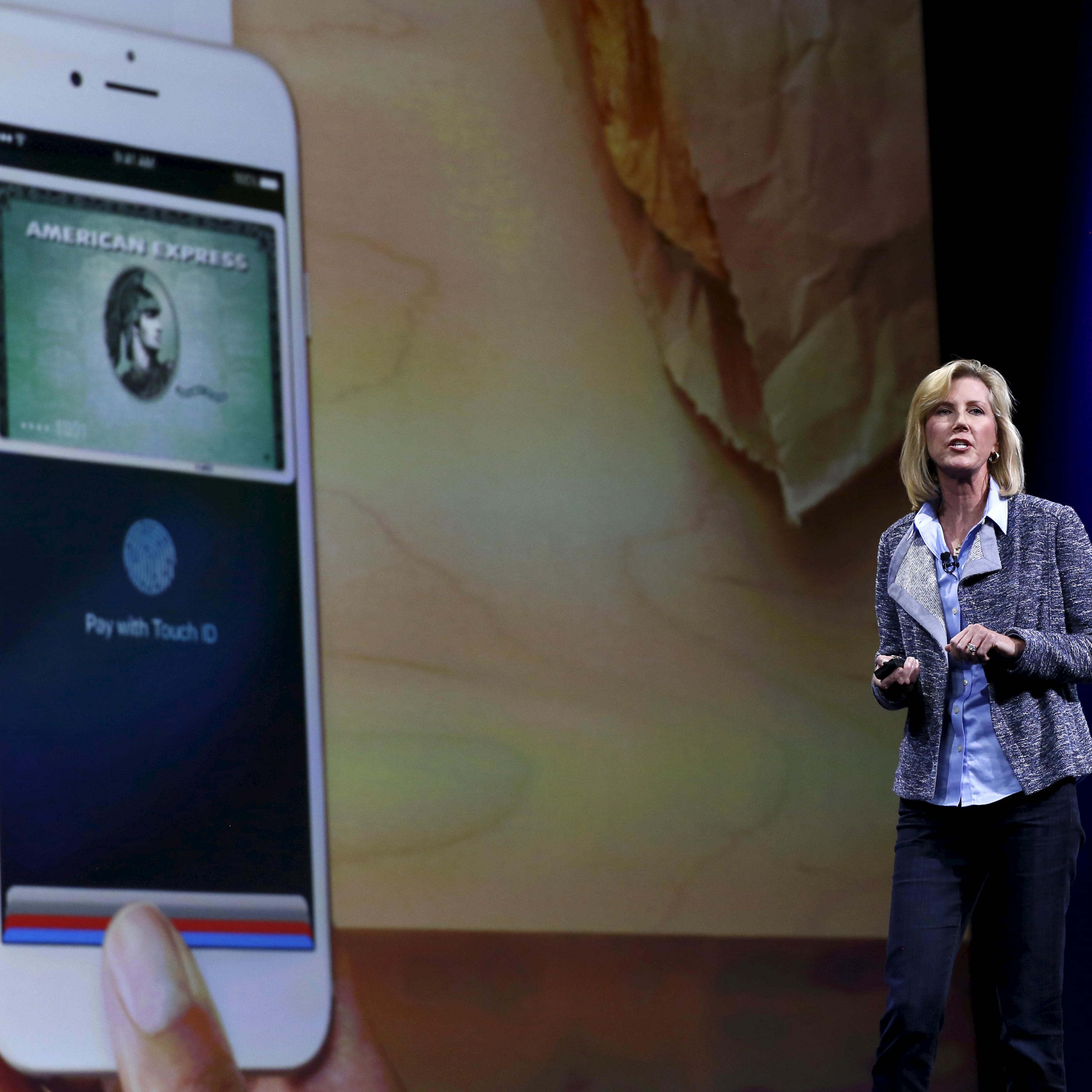 Apple senior vice president for hardware engineering Jennifer Bailey speaks at the Worldwide Developers Conference in San Francisco on June 8, 2015.