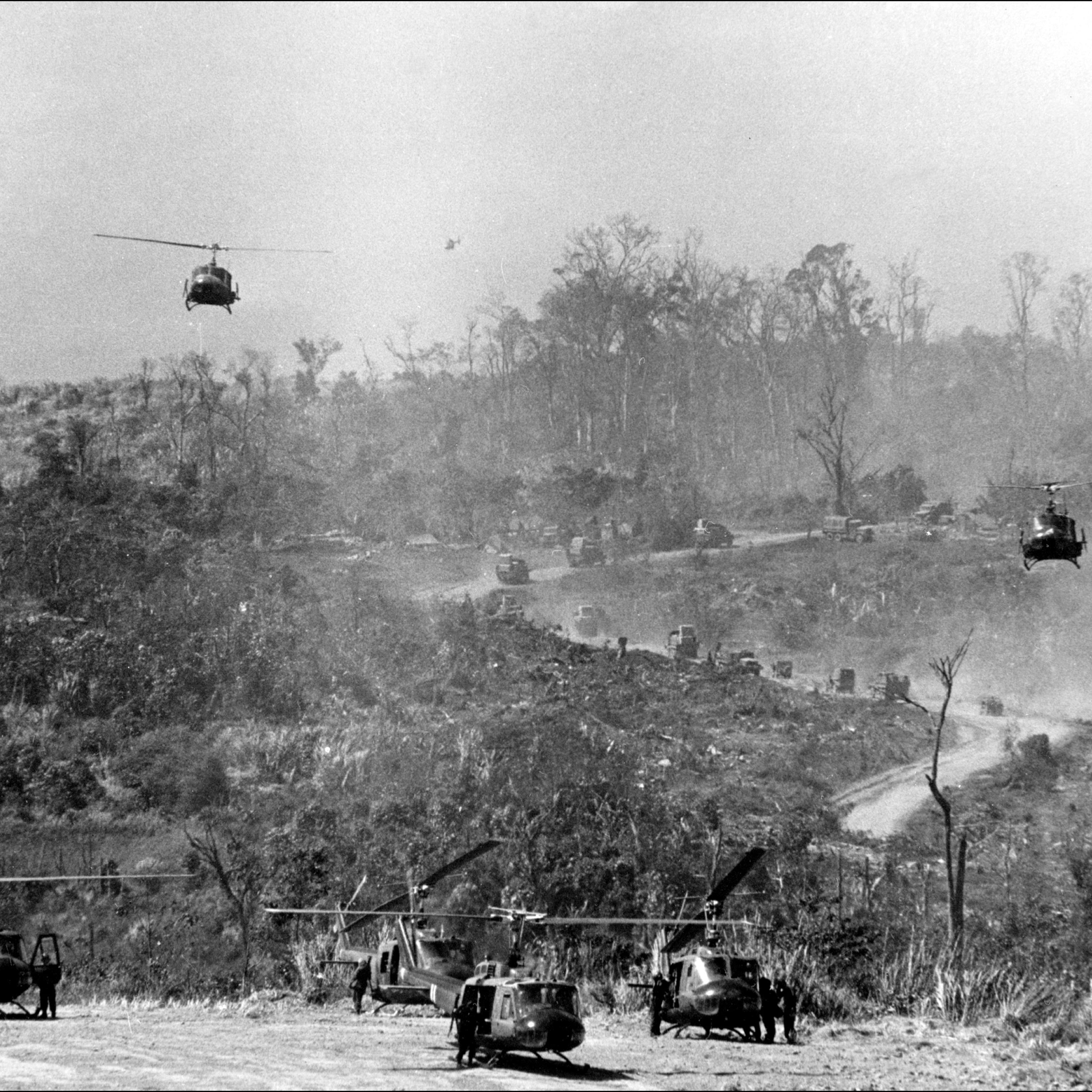 American helicopters land at Khe Sanh base on the Laos border on Feb. 1, 1971 after it was "reactivated" following a Vitcong offensive in Laos.