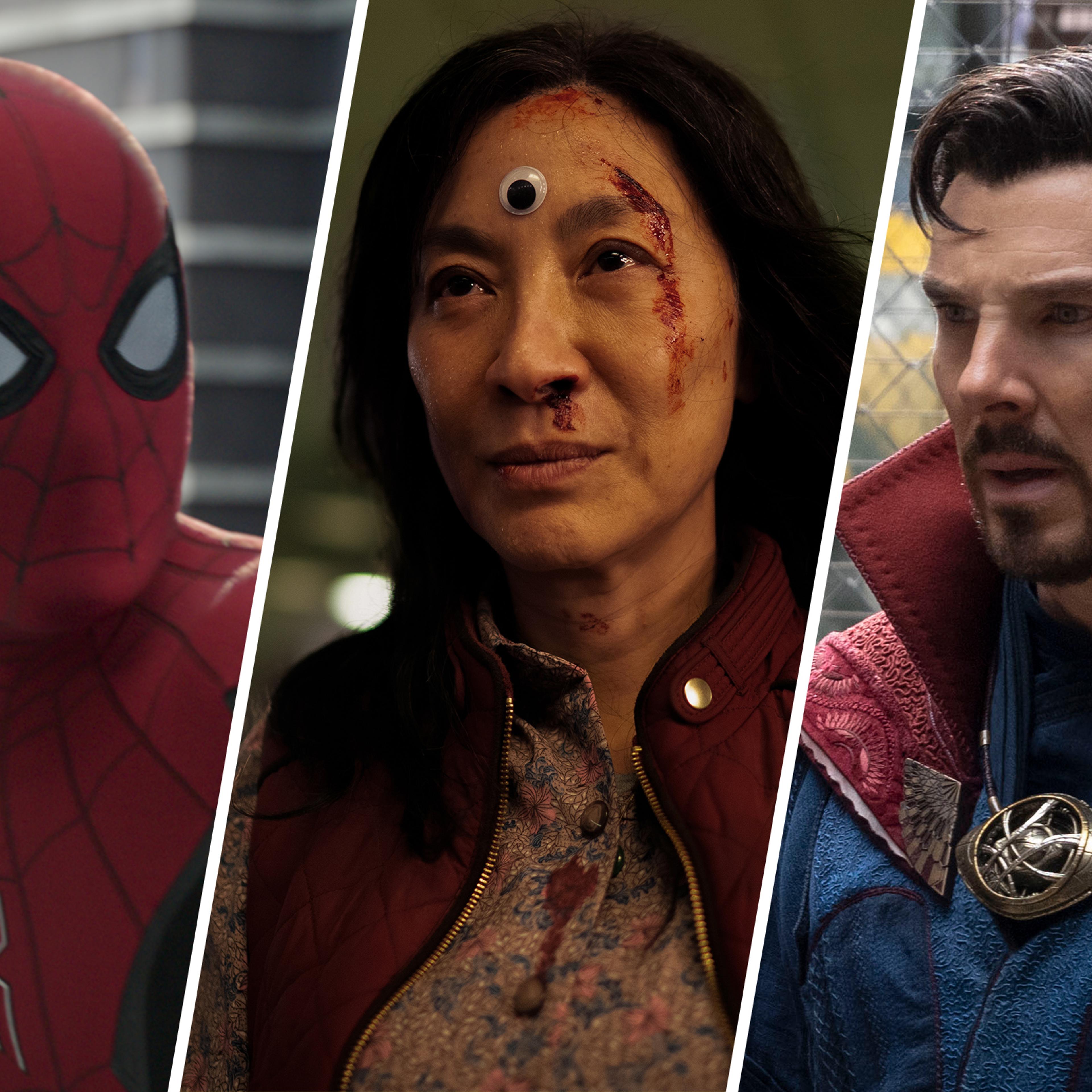 Tom Holland as Spider-Man, Michelle Yeoh as Evelyn Quan Wang, and Benedict Cumberbatch as Doctor Strange.