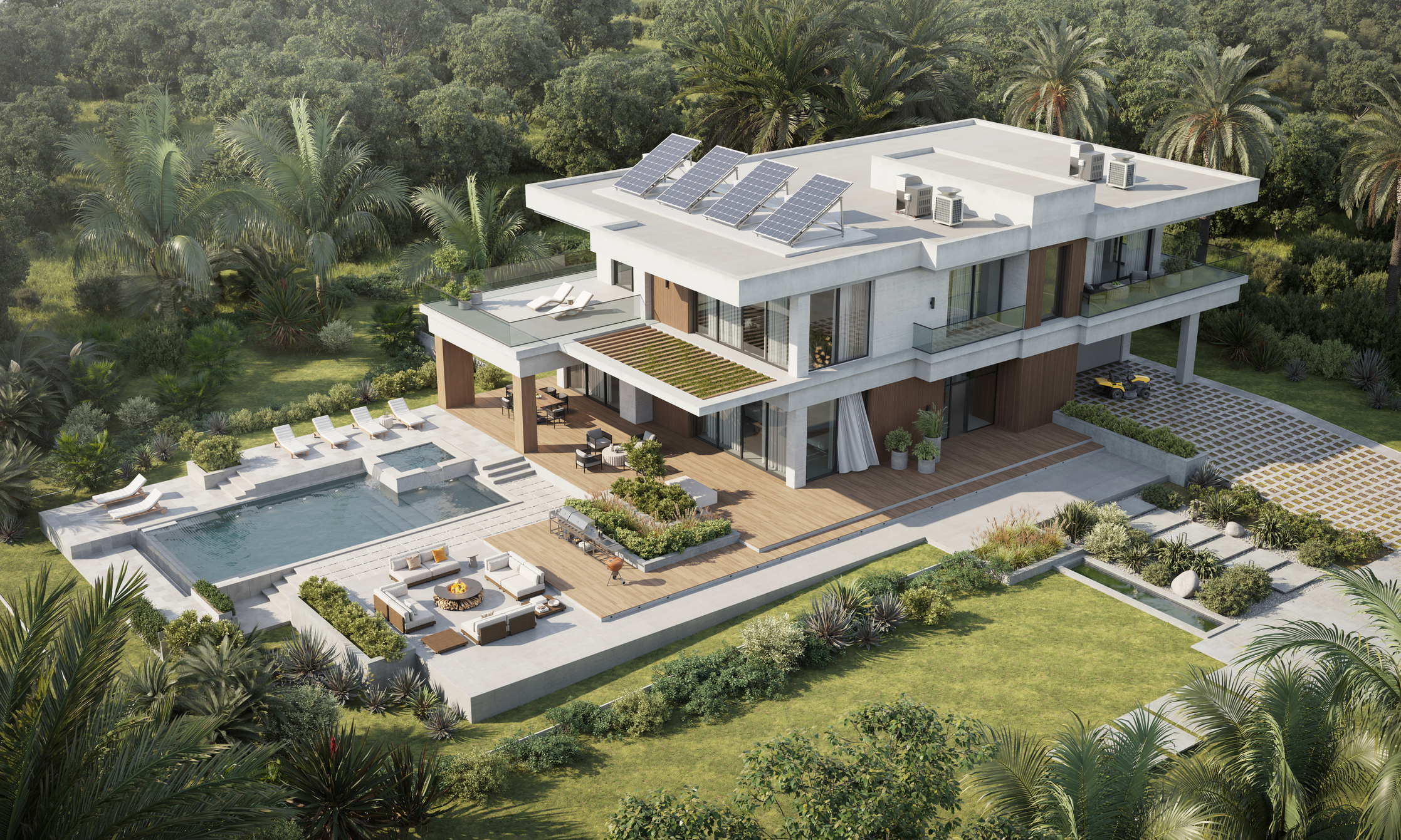 Digitally generated image of a big beautiful villa with pool and garden
