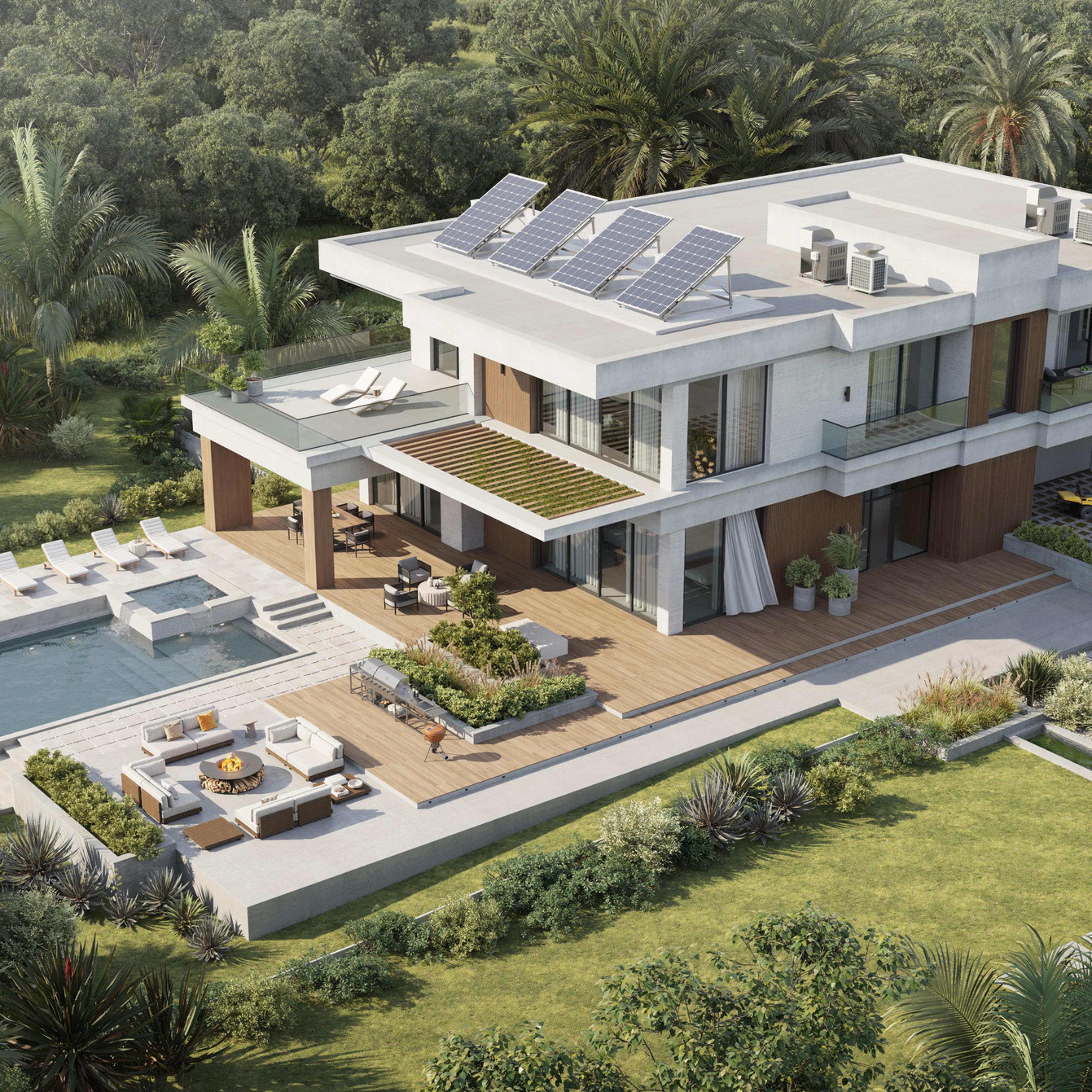 Digitally generated image of a big beautiful villa with pool and garden