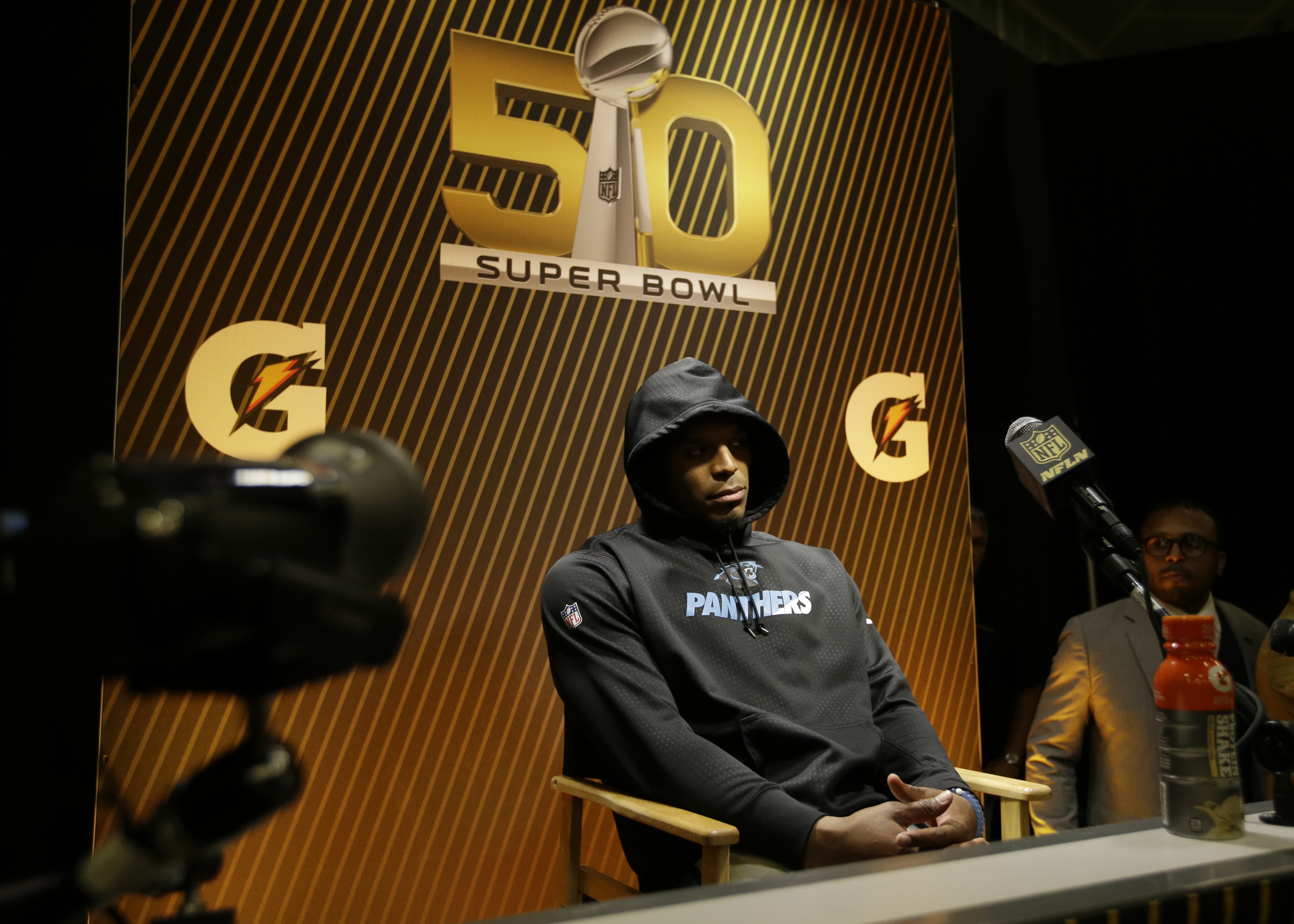 Carolina Panthers, Cam Newton answers questions after the NFL Super Bowl 50 football game against the Denver Broncos in Santa Clara, Calif. on Feb. 7, 2016.