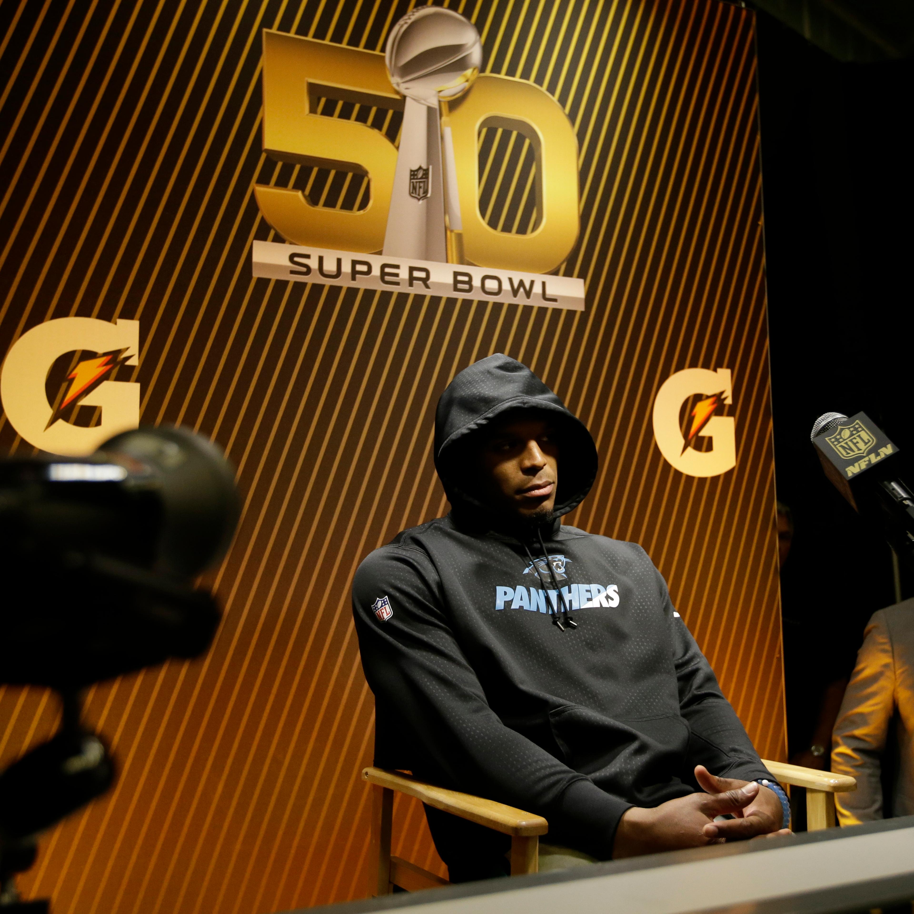 Carolina Panthers, Cam Newton answers questions after the NFL Super Bowl 50 football game against the Denver Broncos in Santa Clara, Calif. on Feb. 7, 2016.