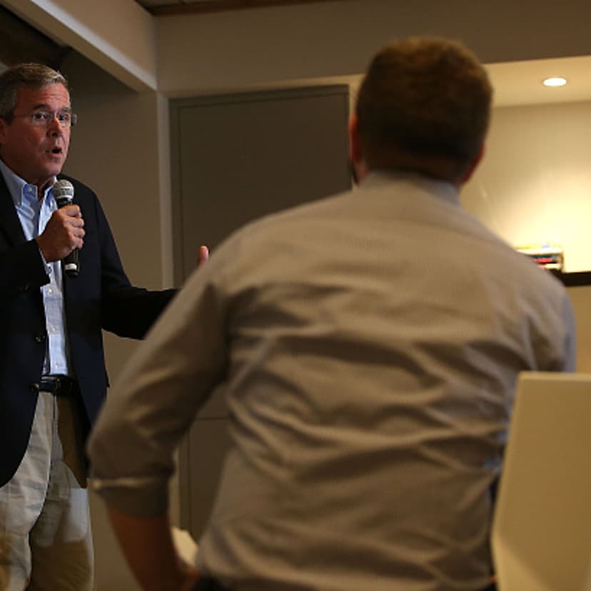 Republican presidential candidate and former Florida governor Jeb Bush speaks to workers at Thumbtack on July 16, 2015 in San Francisco, California.
