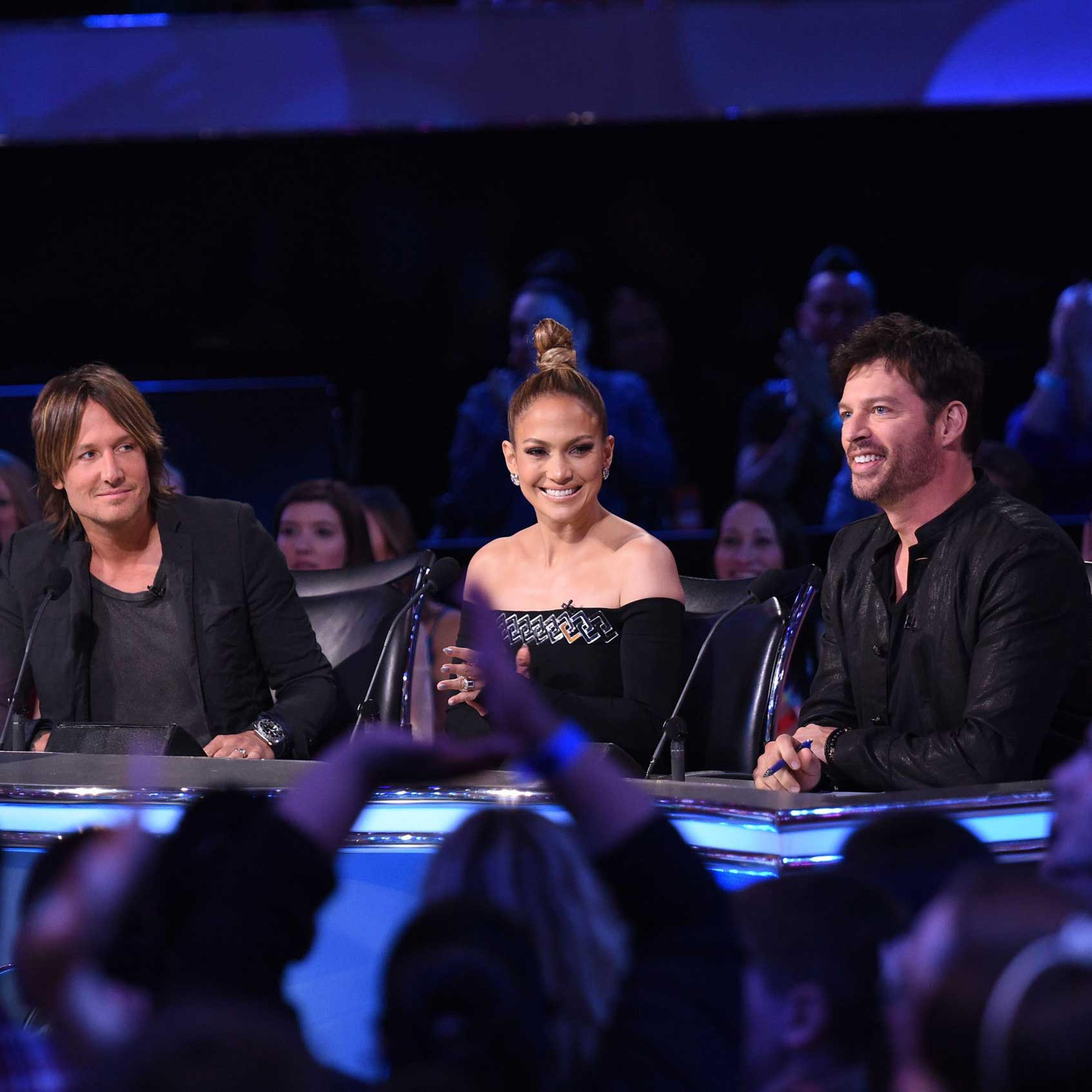 Keith Urban, Jennifer Lopez and Harry Connick, Jr, on American Idol XIV airing Wednesday, April 8, 2015.